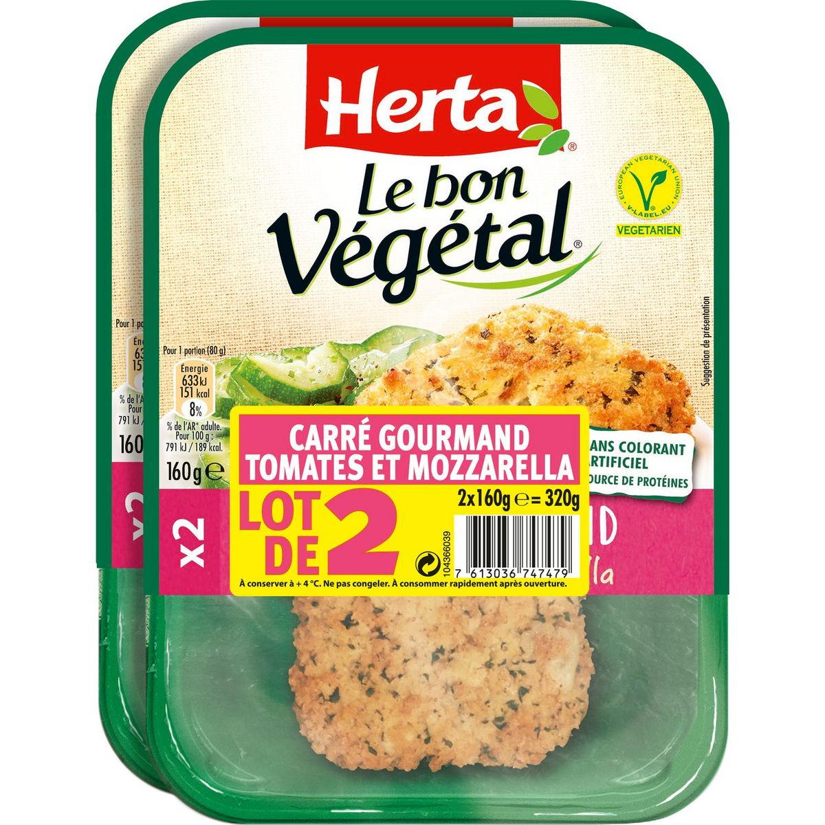 HERTA Le Bon Végétal Carré gourmand tomates et mozzarella x2 320g