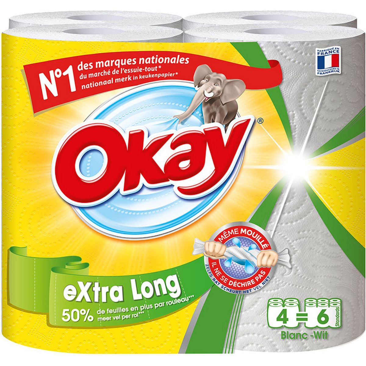 OKAY Essuie-tout blanc compact extra long = 6 standards 4 rouleaux