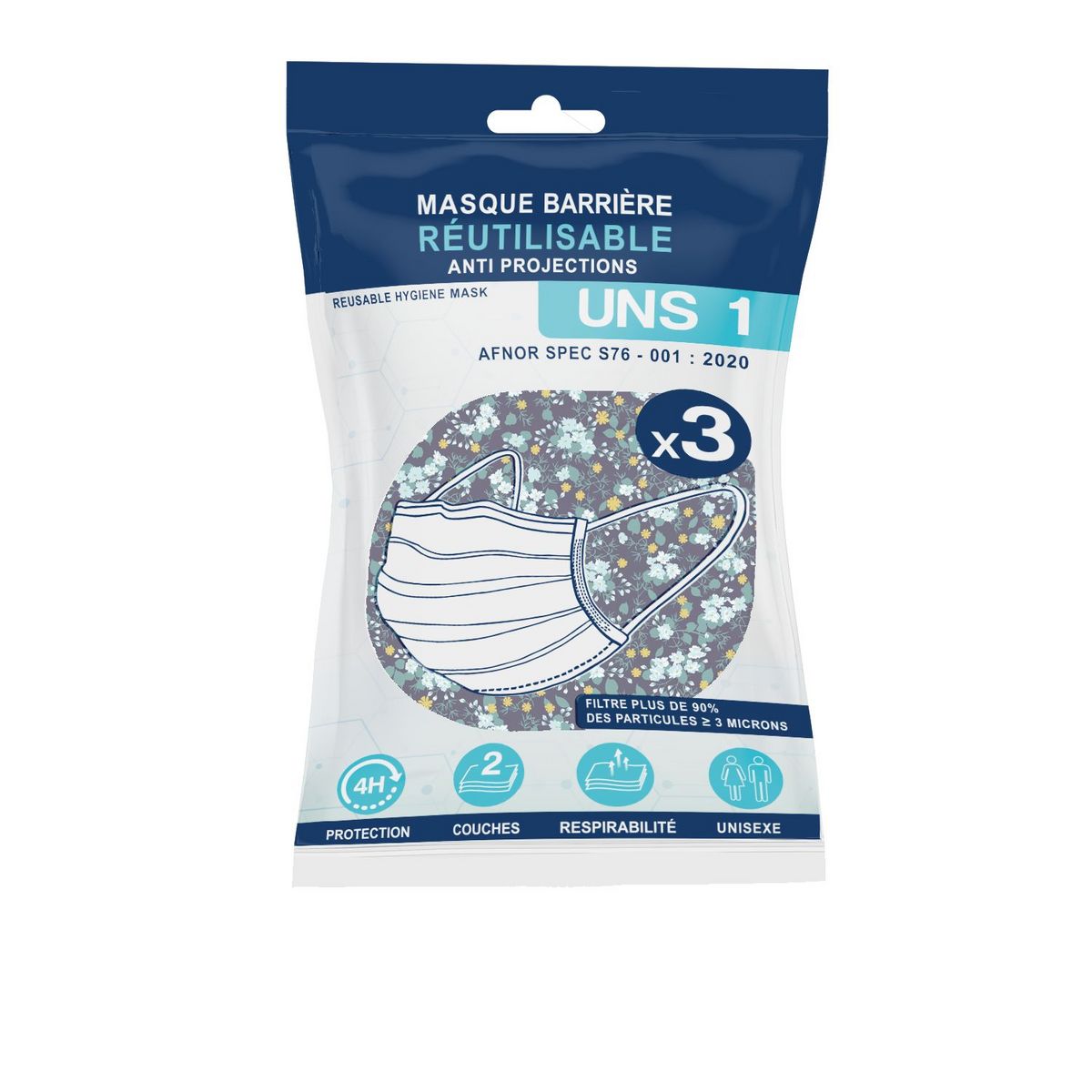 Masques barrières réutilisables anti-projections UNS 1 adultes 3 masques
