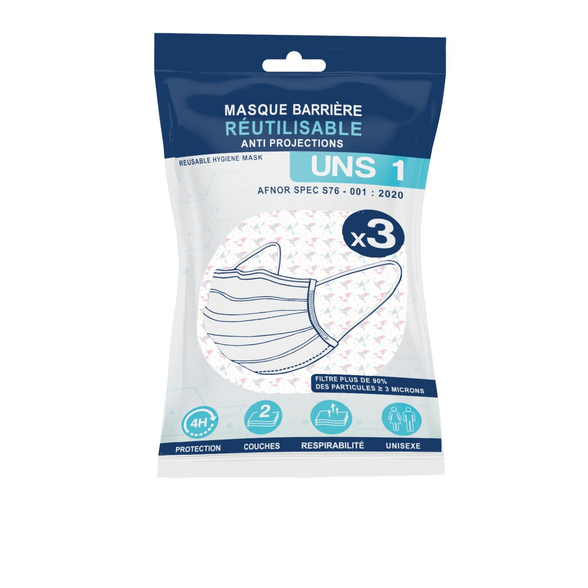 Voir la diapositive 2 : Masques barrières réutilisables anti-projections UNS 1 adultes 3 masques