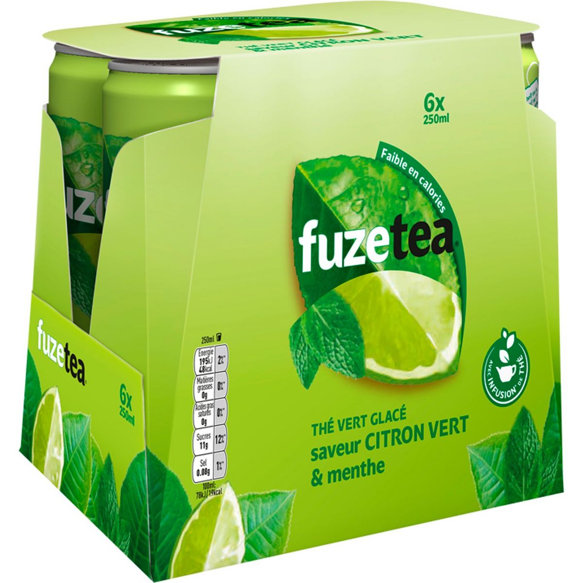 FUZE TEA Thé vert glacé saveur citron vert et menthe boîtes slim 6x25cl