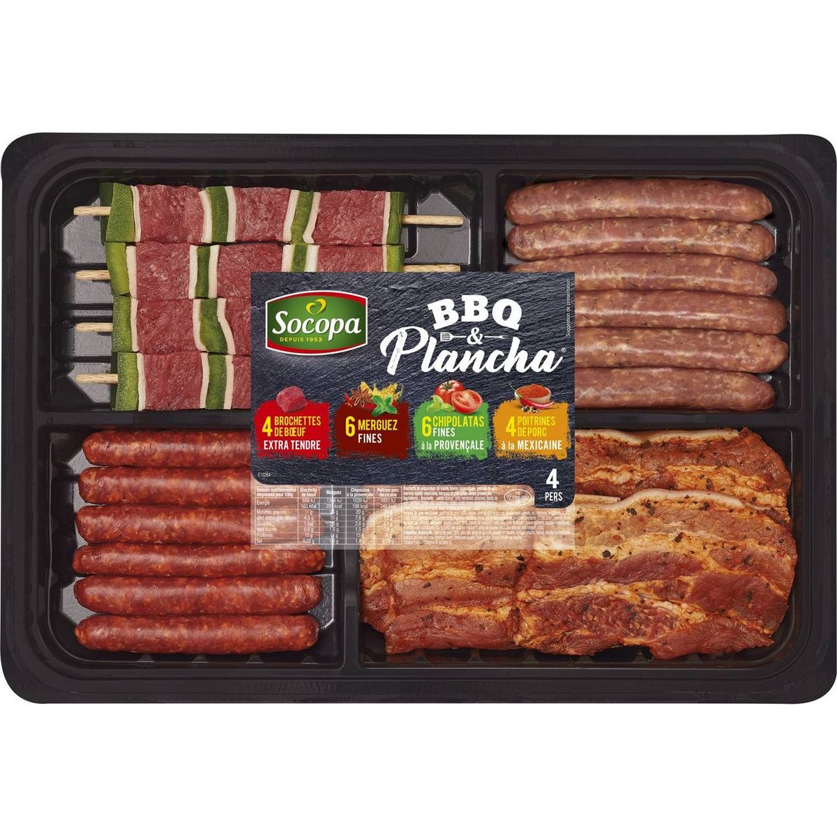 SOCOPA Plateau assortiment viandes de porc et de boeuf pour barbecue et plancha 4 personnes 690g