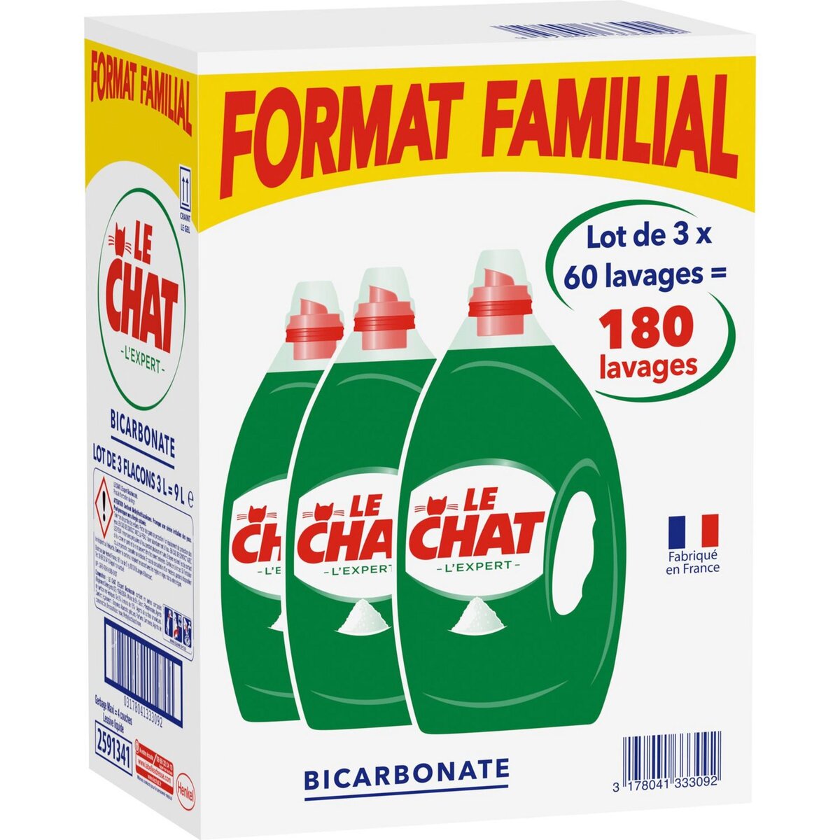 LE CHAT Lessive liquide au bicarbonate format familial 180 lavages 3x3l