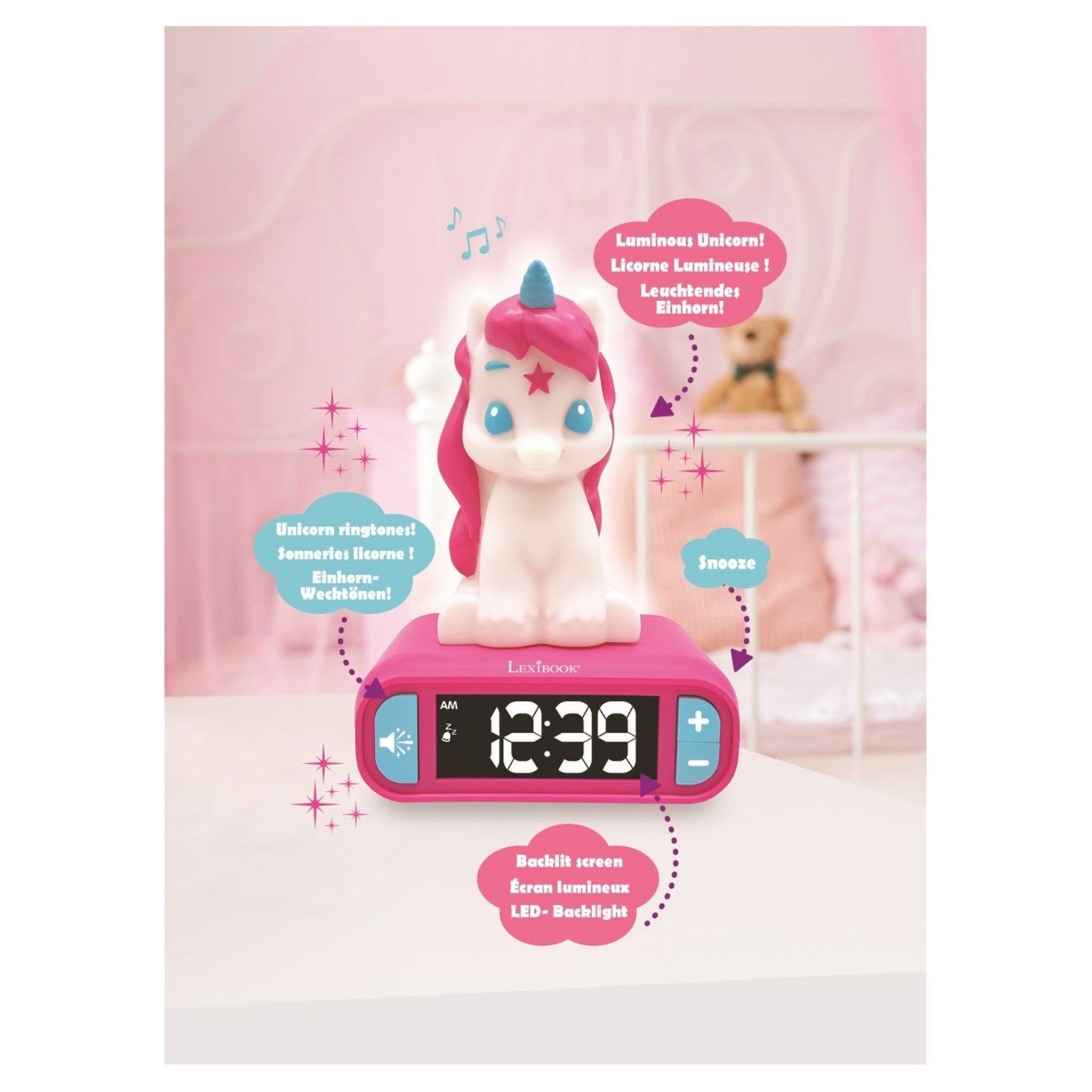 Voir la diapositive 4 : LEXIBOOK Réveil veilleuse avec sons Licorne - RL800UNI_04 - Rose