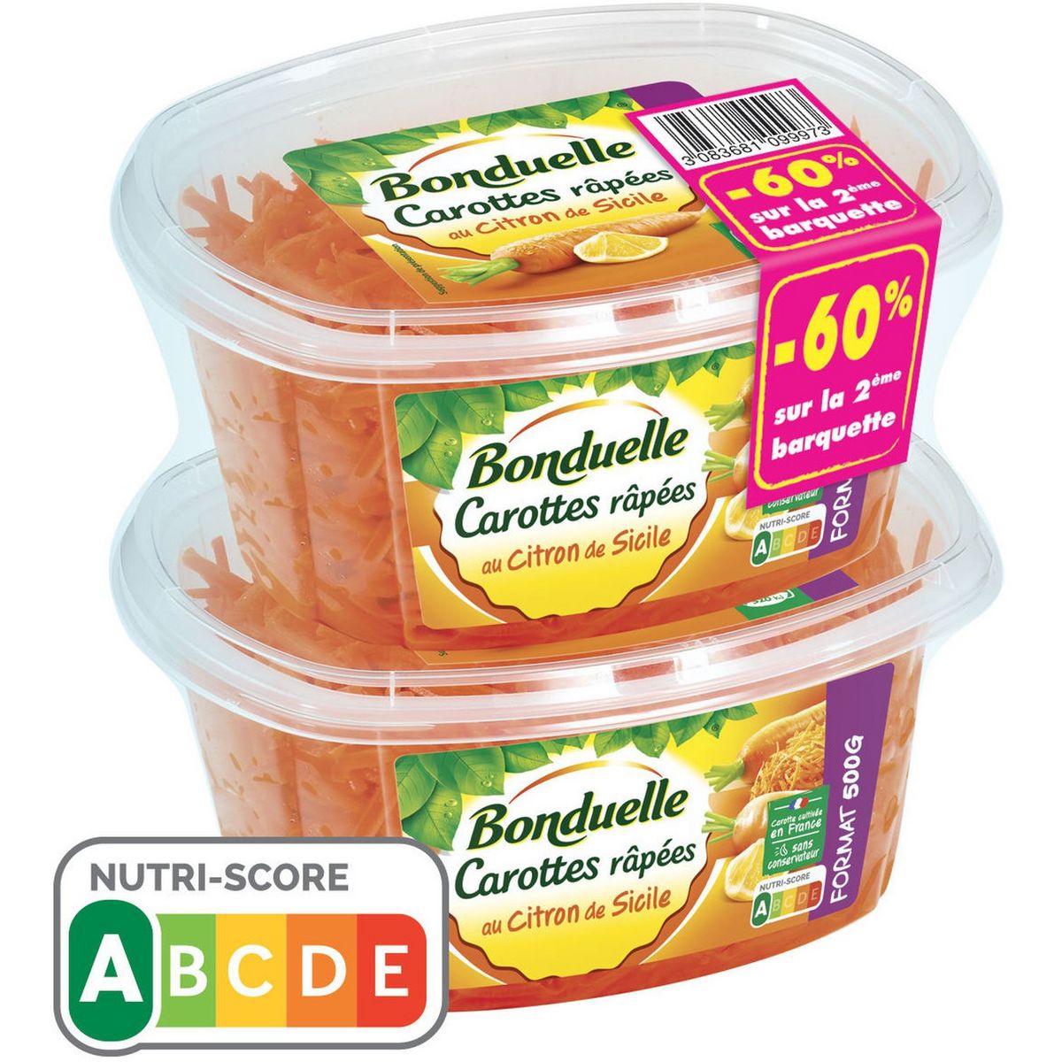 BONDUELLE Carottes râpées au citron de Sicile 2x500g