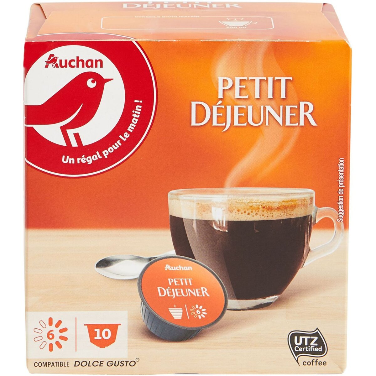 AUCHAN Dosettes café compatibles Dolce Gusto petit déjeuner 10 dosettes 70g