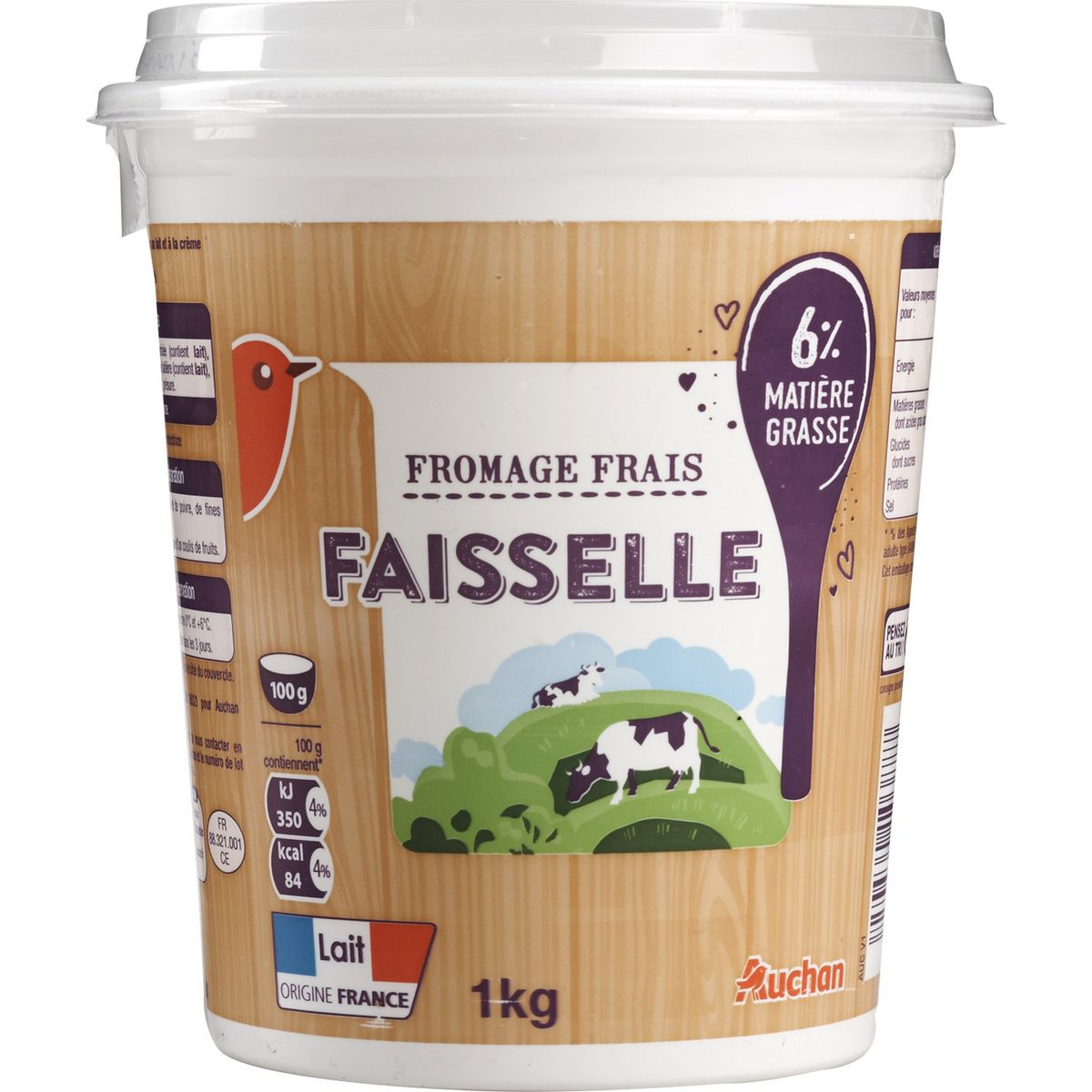 AUCHAN Faisselle au lait et crème pasteurisée 6%mg 1kg