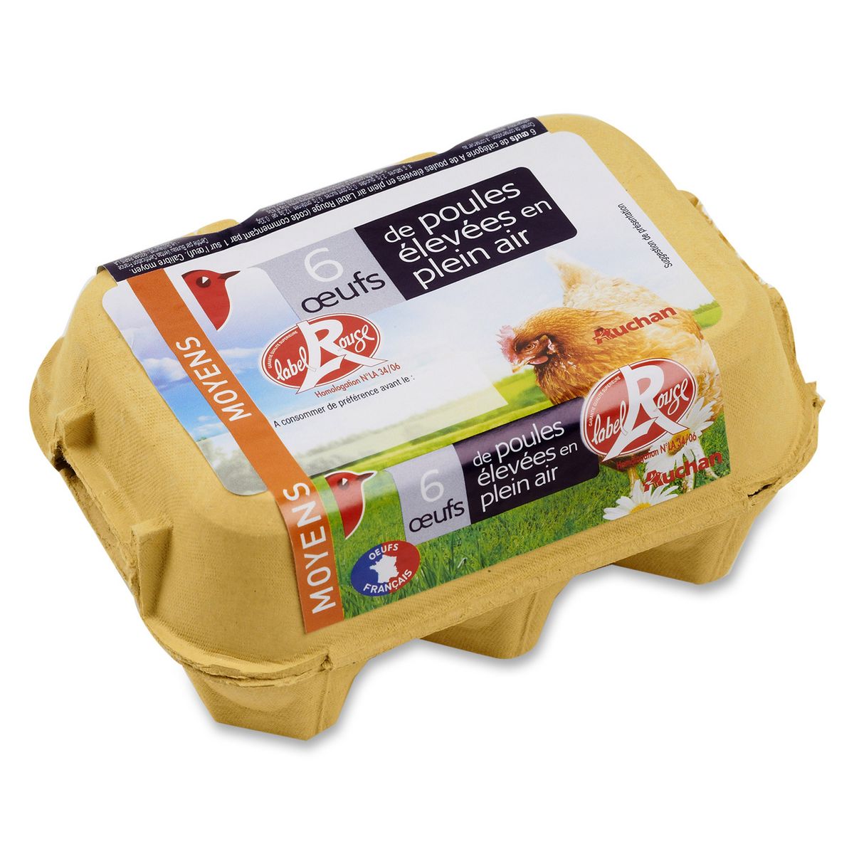 AUCHAN Oeufs de poules élevées en plein air Label Rouge 6 œufs