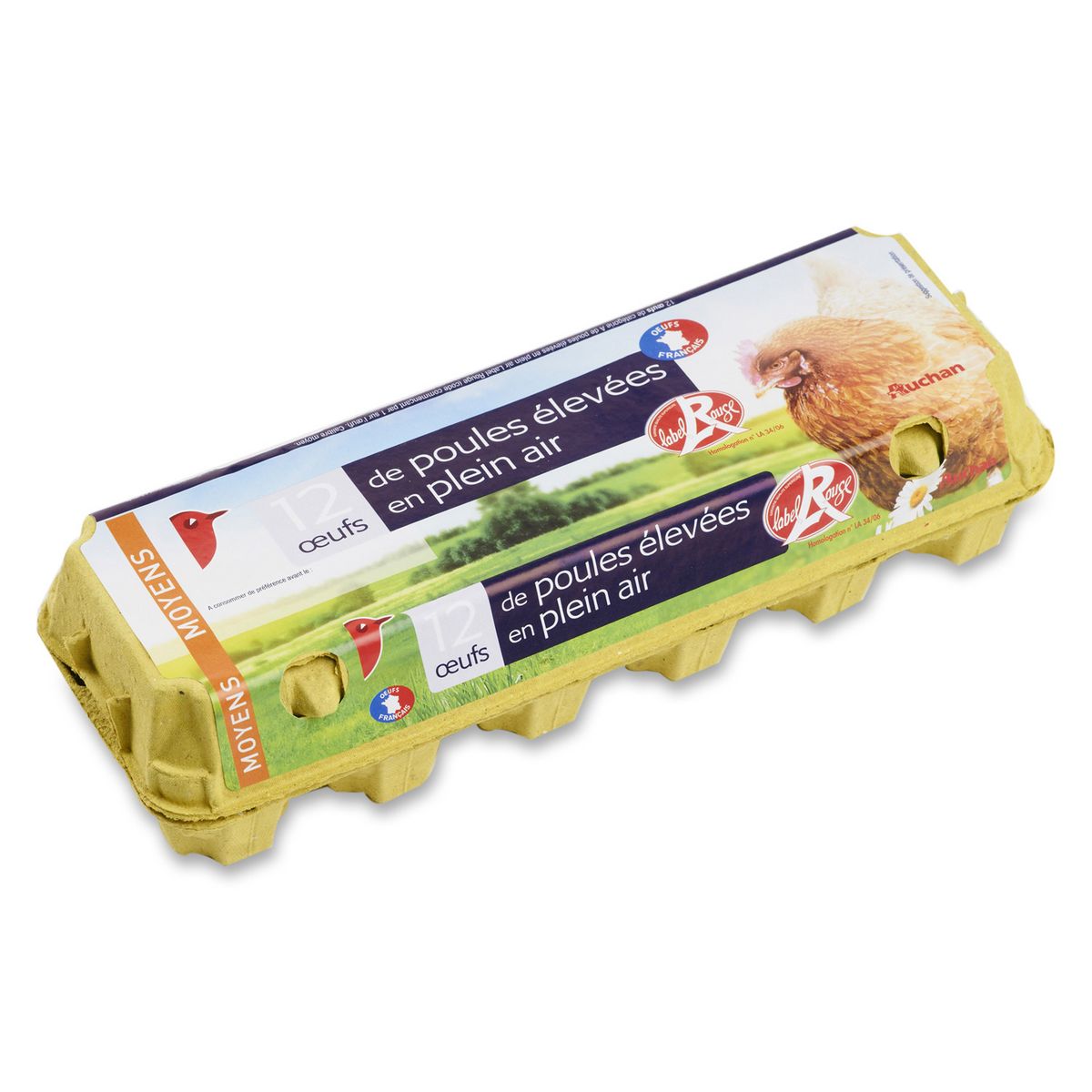 AUCHAN Oeufs de poules élevées en plein air Label Rouge 12 oeufs