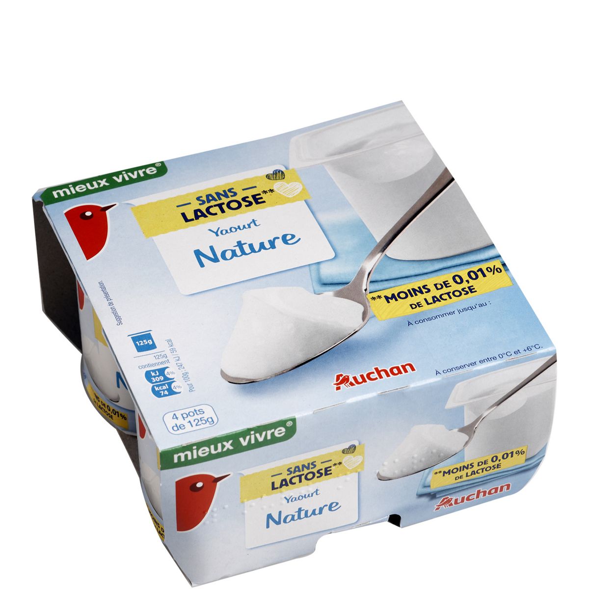 AUCHAN AUCHAN Yaourt nature sans lactose 4x125g 4x125g 4x125g