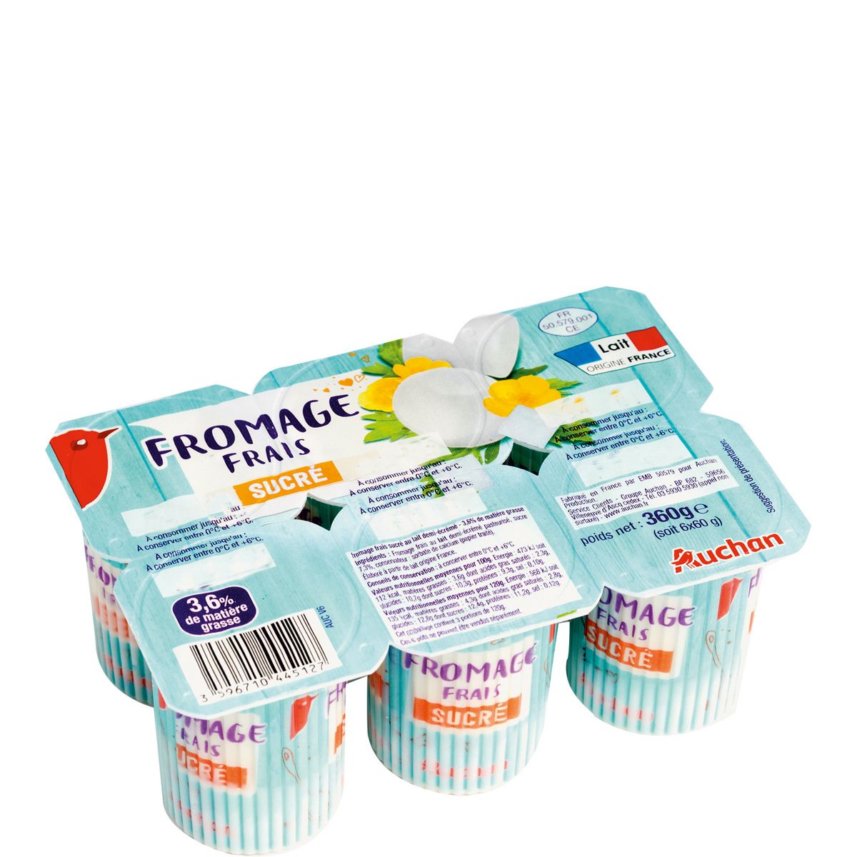 AUCHAN Fromage frais nature sucré 6x60g 6x60g