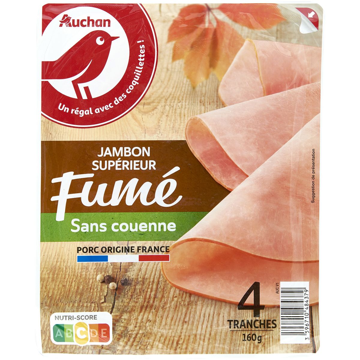AUCHAN Jambon supérieur fumé sans couenne 4 tranches 160g