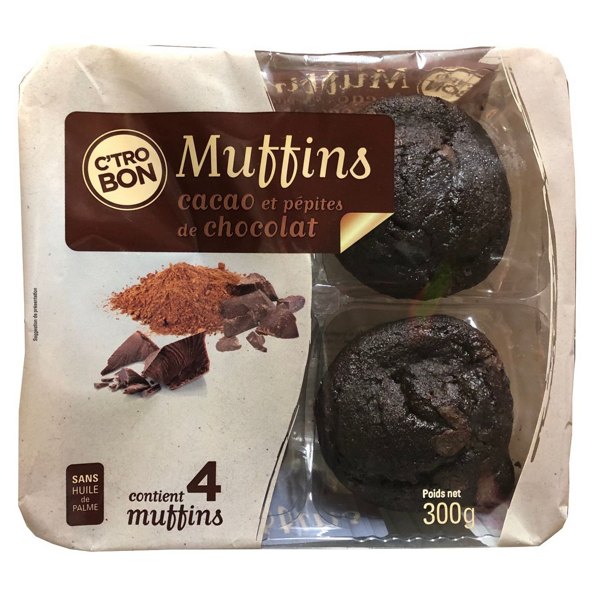 C'TRO BON Muffins au cacao et pépites de chocolat 4 muffins 300g