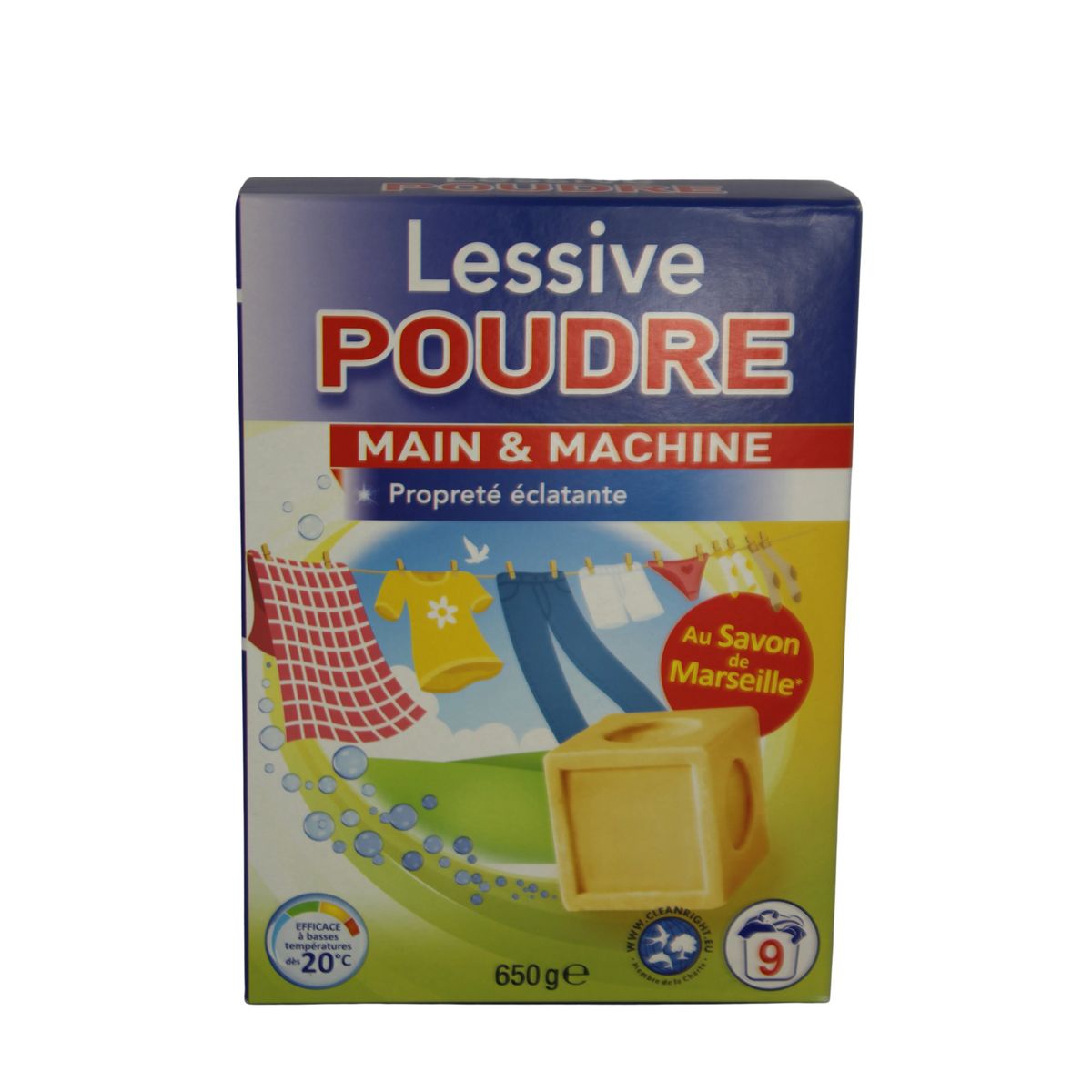 Lessive en poudre au savon de Marseille 9 lavages 650g