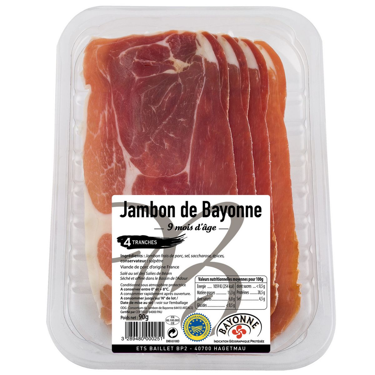 BAILLET Jambon de Bayonne 9 mois d'affinage IGP 4 tranches 90g