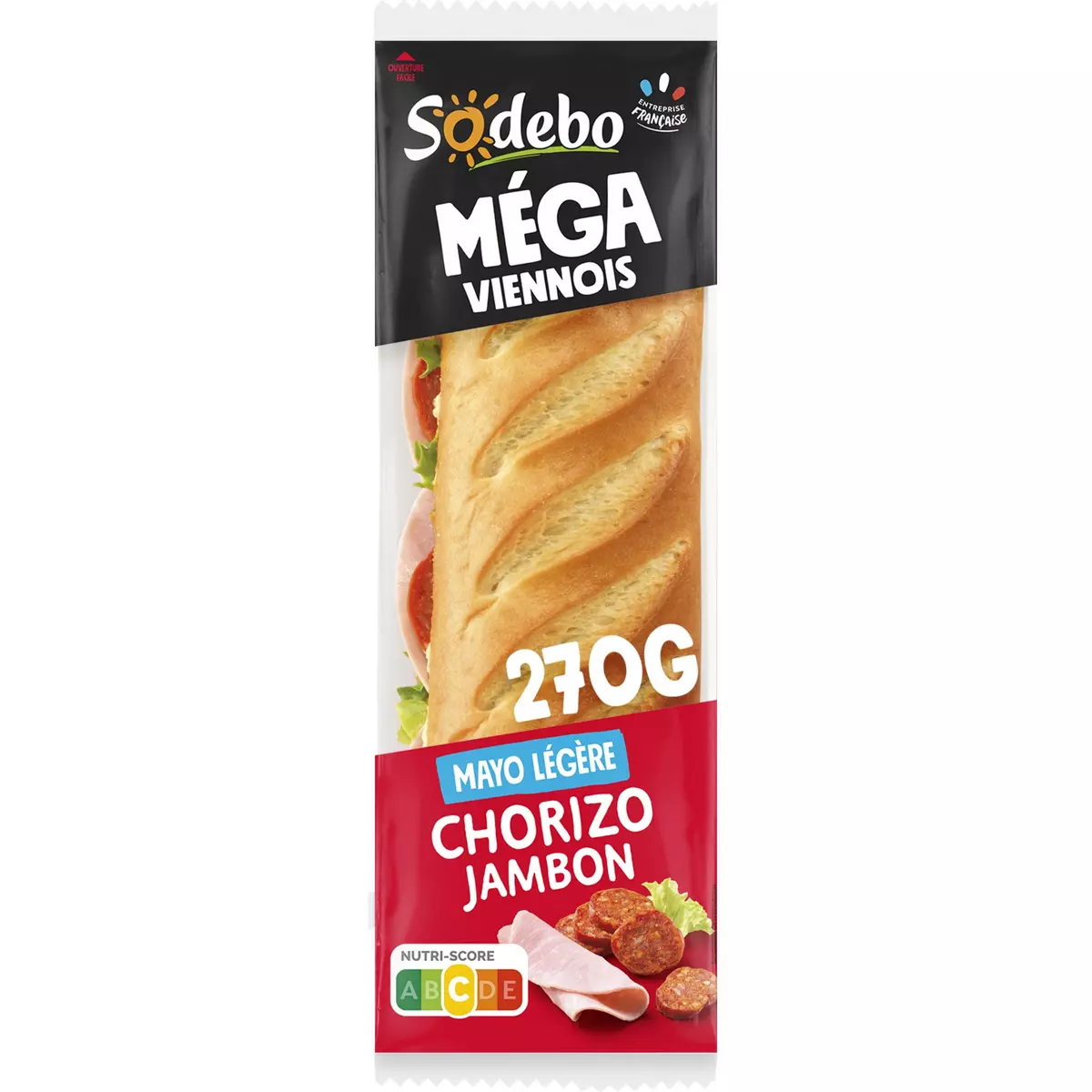 SODEBO Sandwich mega baguette viennois chorizo jambon mayo 1 portion 270g