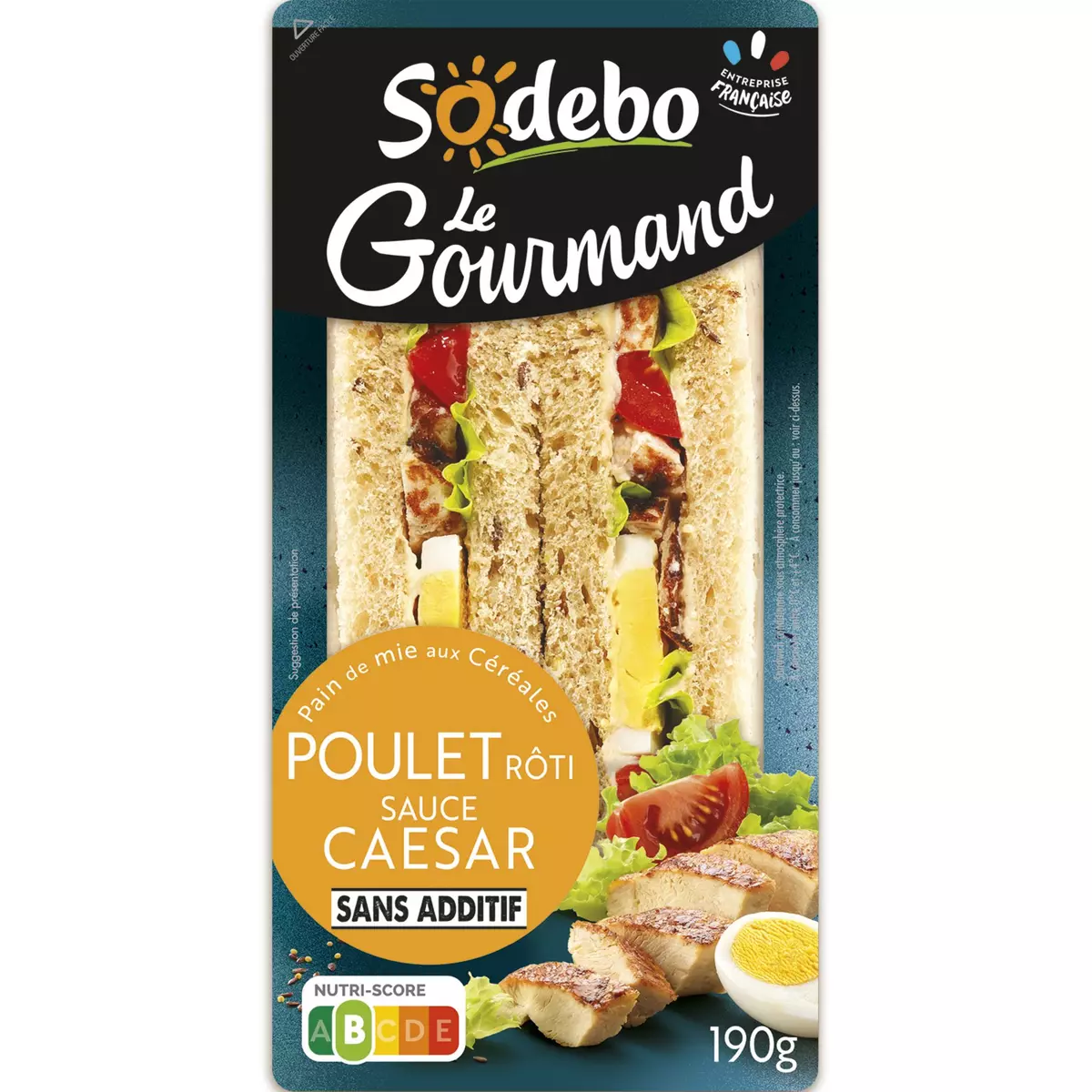 SODEBO Sandwich club gourmand poulet rôti sauce Caesar crudités 2 pièces 190g