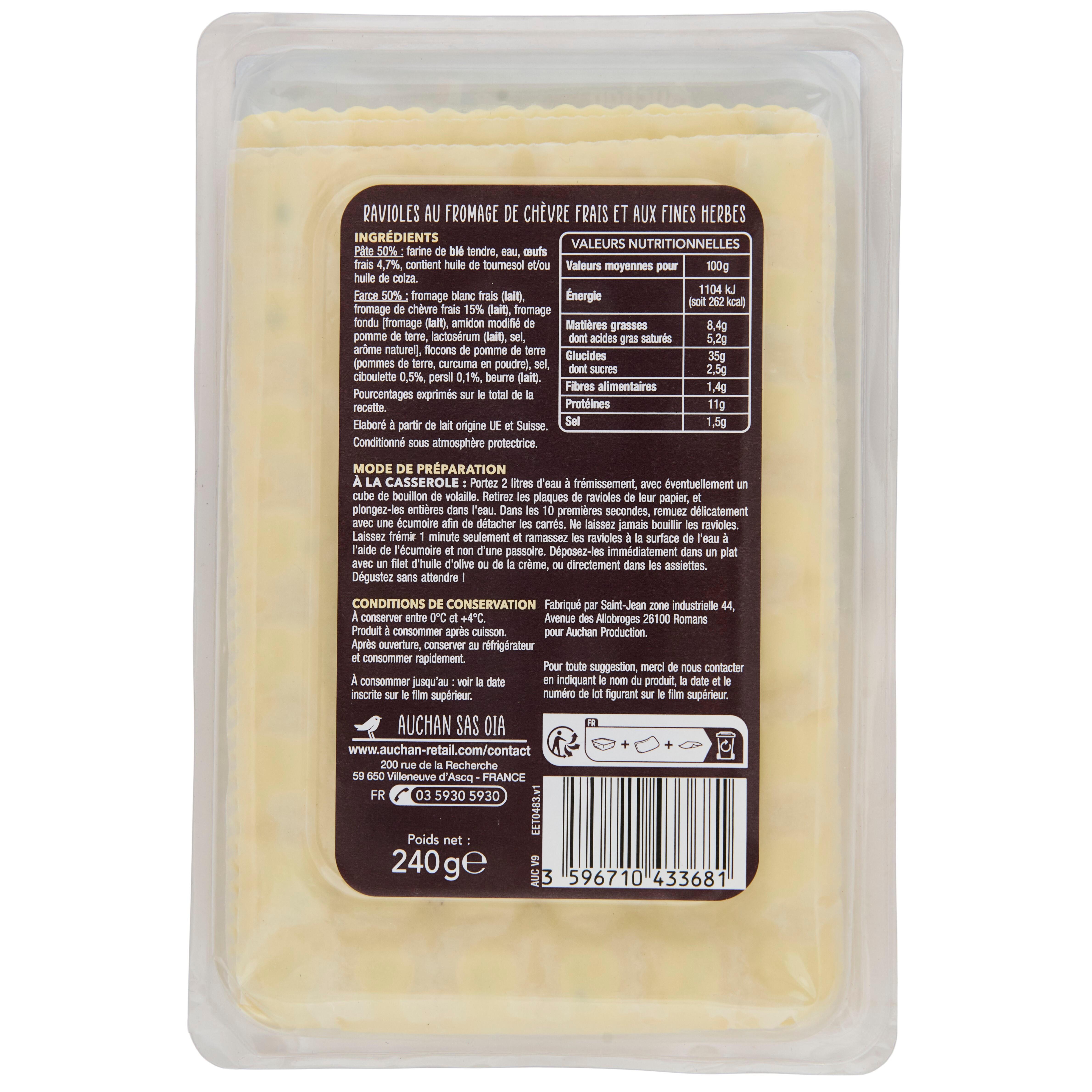 Voir la diapositive 2 : AUCHAN TERROIR Ravioles au chèvre et fines herbes 2 parts 240g