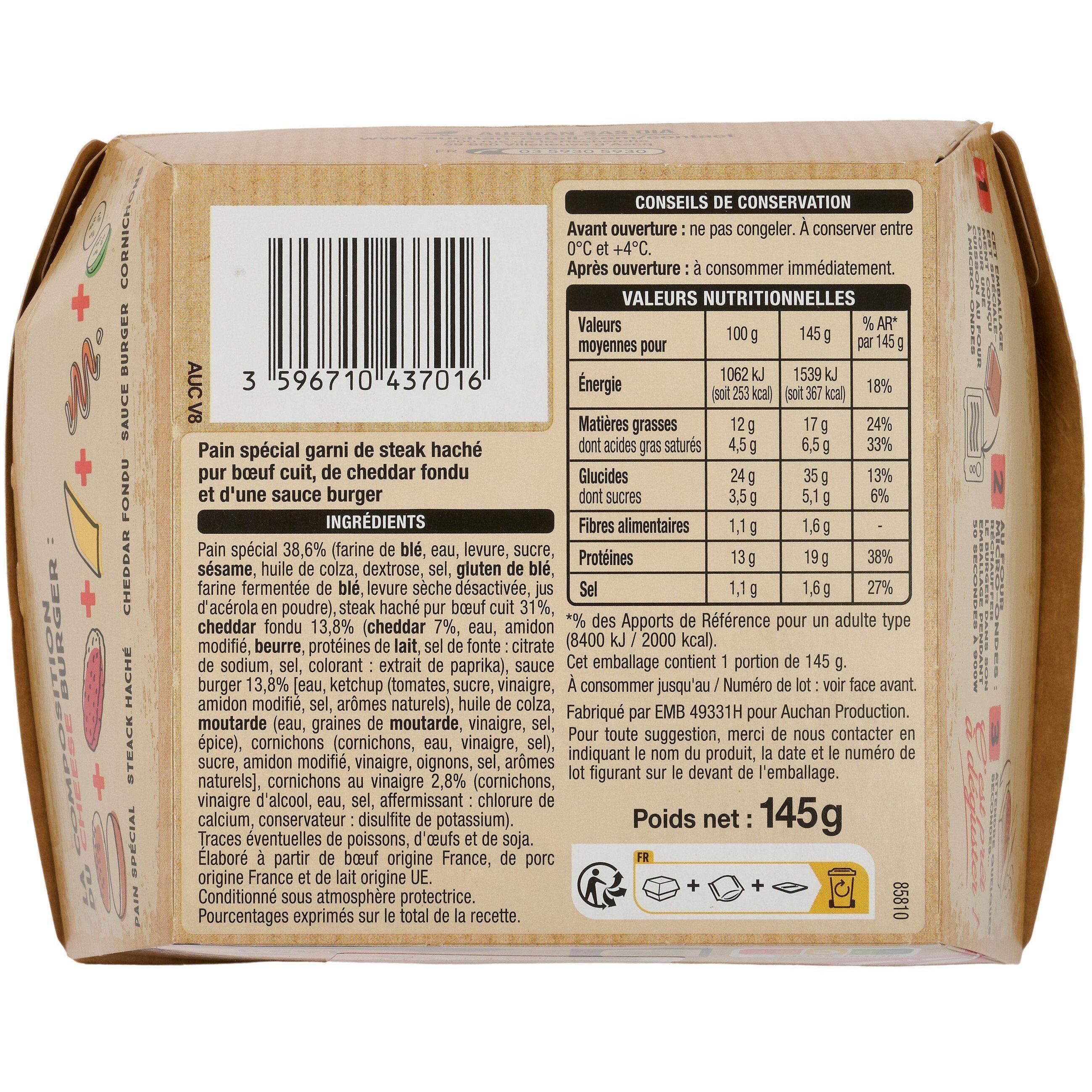 Voir la diapositive 2 : AUCHAN Pause snack cheeseburger 145g