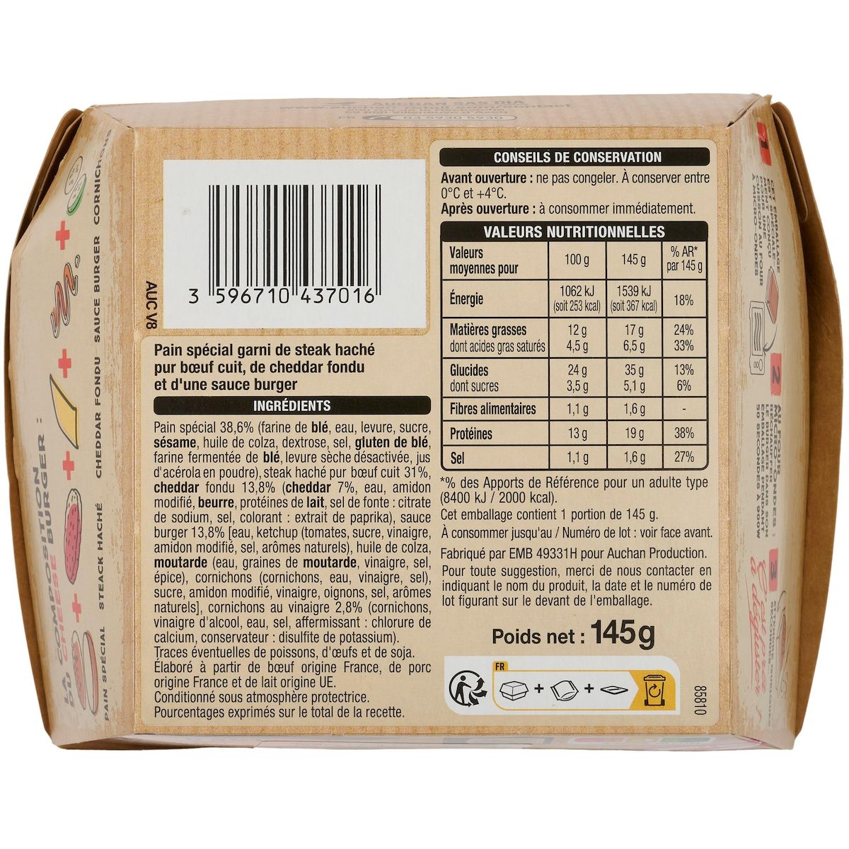 AUCHAN Pause snack cheeseburger 145g