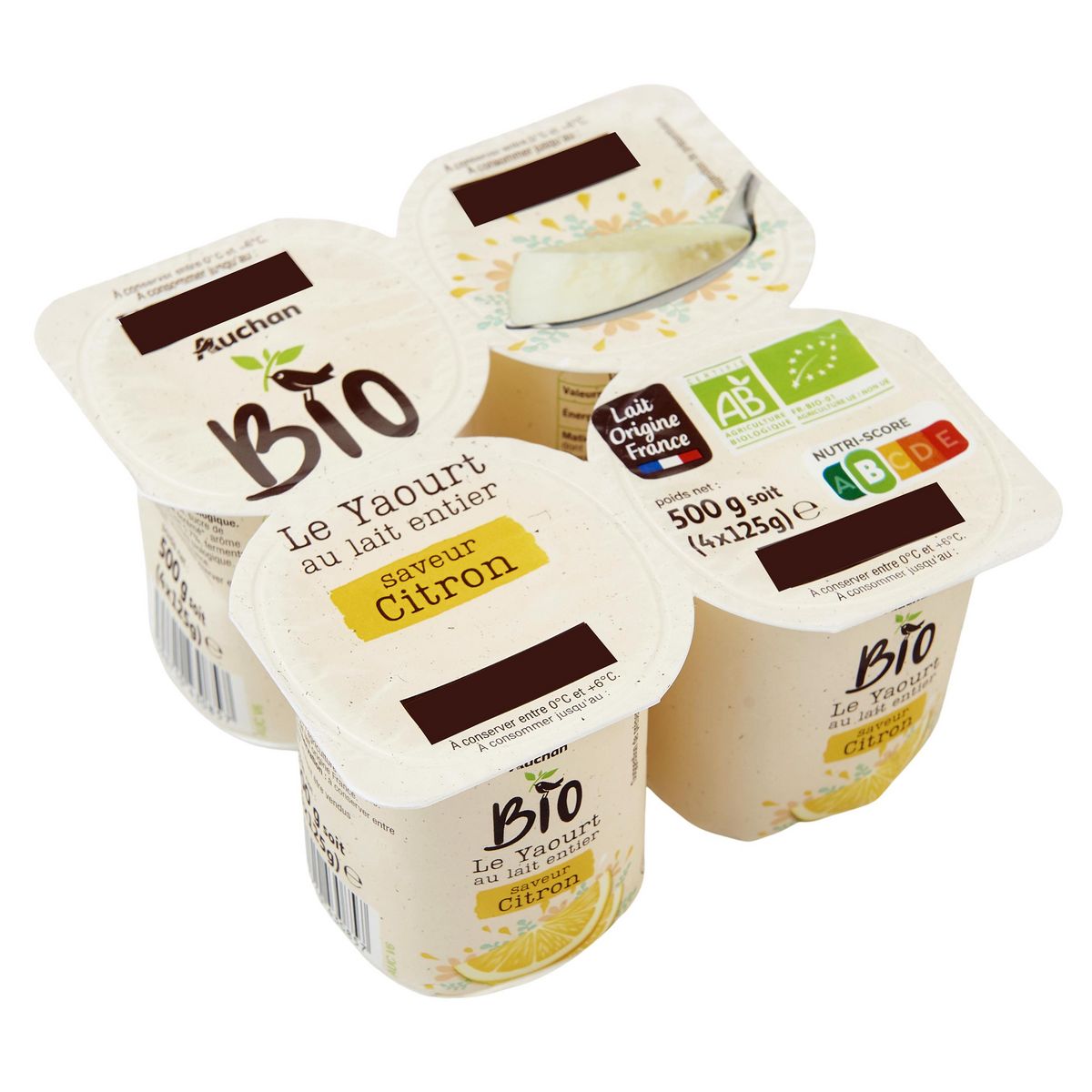 AUCHAN BIO Yaourt au lait entier au citron 4x125g