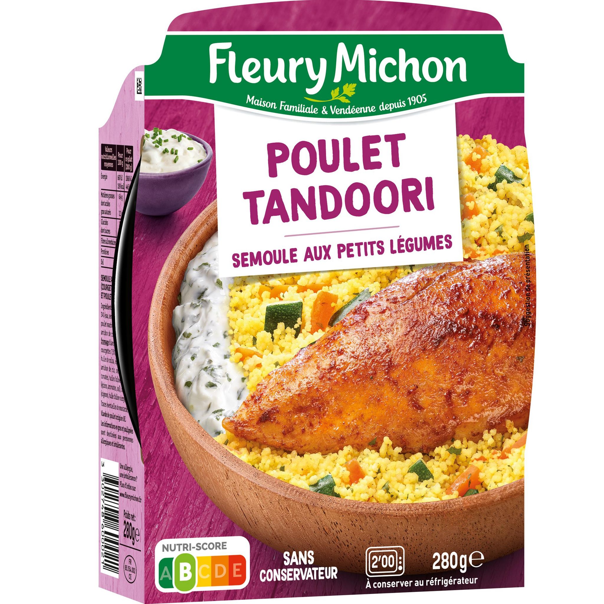 Voir la diapositive 2 : FLEURY MICHON Poulet tandoori, semoule aux petits légumes 1 part 280g