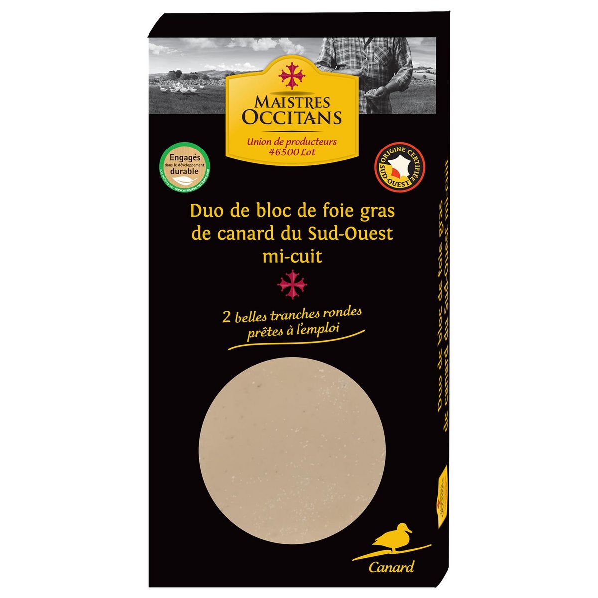 MAISTRES OCCITANS Duo de bloc de foie gras de canard du Sud-Ouest mi cuit 2 tranches 80g