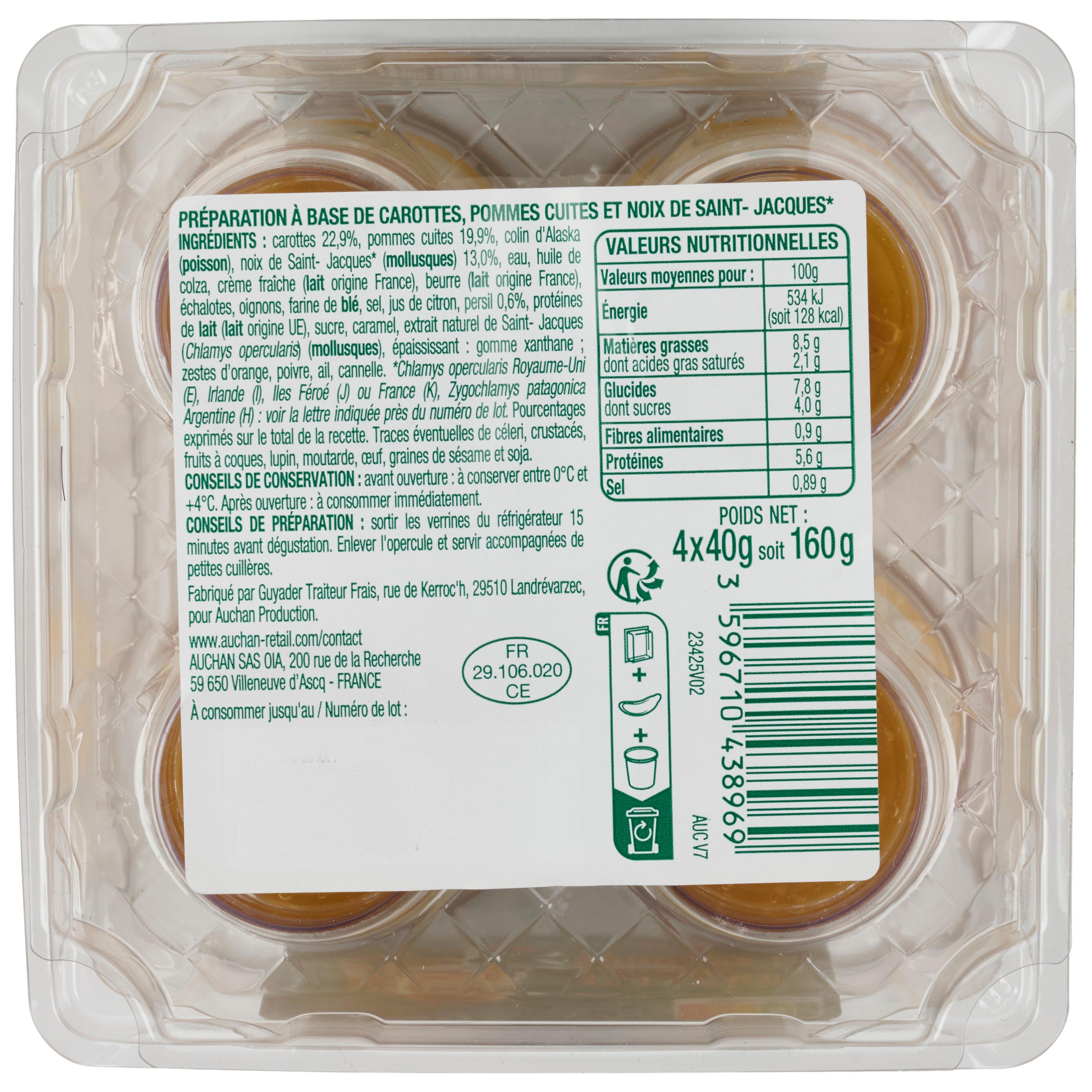 Voir la diapositive 3 : AUCHAN Verrine de Saint-Jacques pommes et carottes 4 pièces 160g