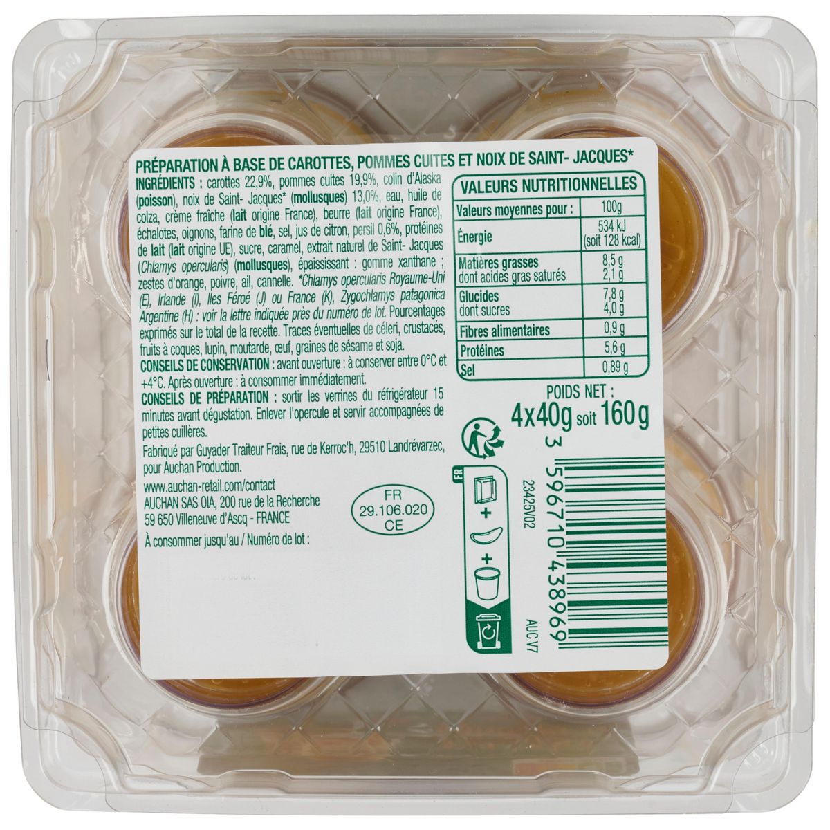 AUCHAN Verrine de Saint-Jacques pommes et carottes 4 pièces 160g