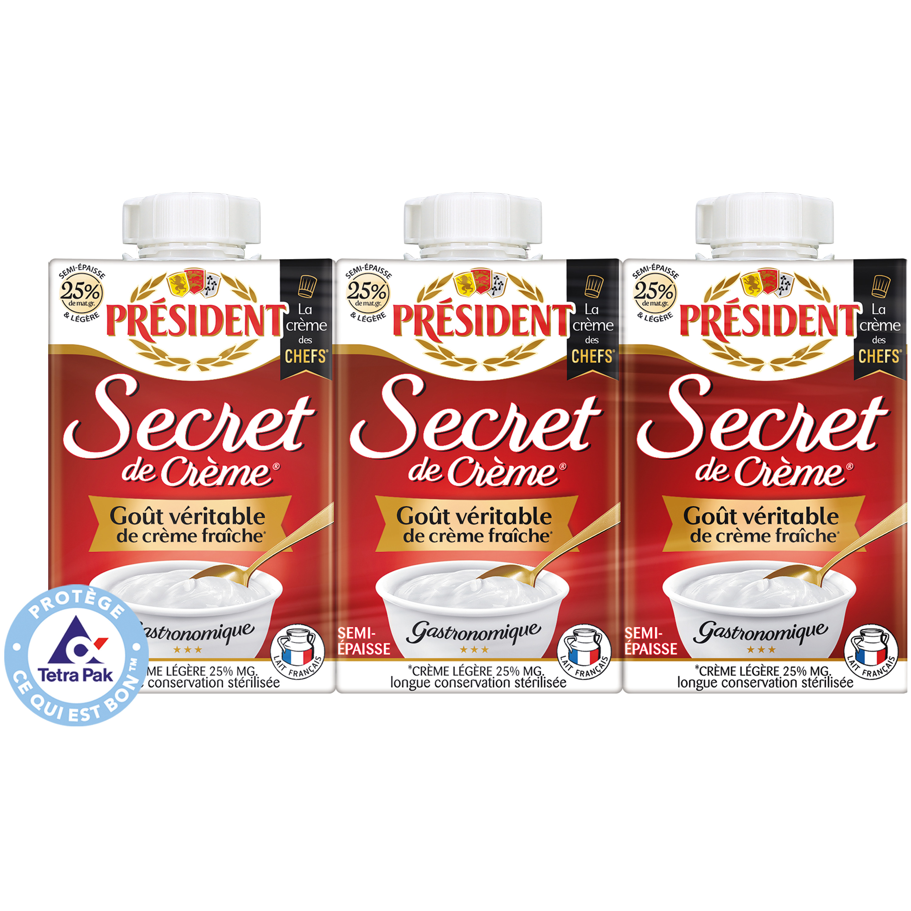 Voir la diapositive 2 : PRESIDENT Secret de crème semi-épaisse légère 25% MG UHT 3x20cl