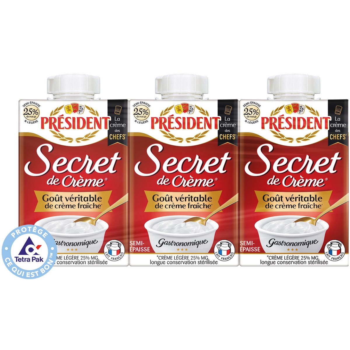 PRESIDENT Secret de crème semi-épaisse légère 25% MG UHT 3x20cl