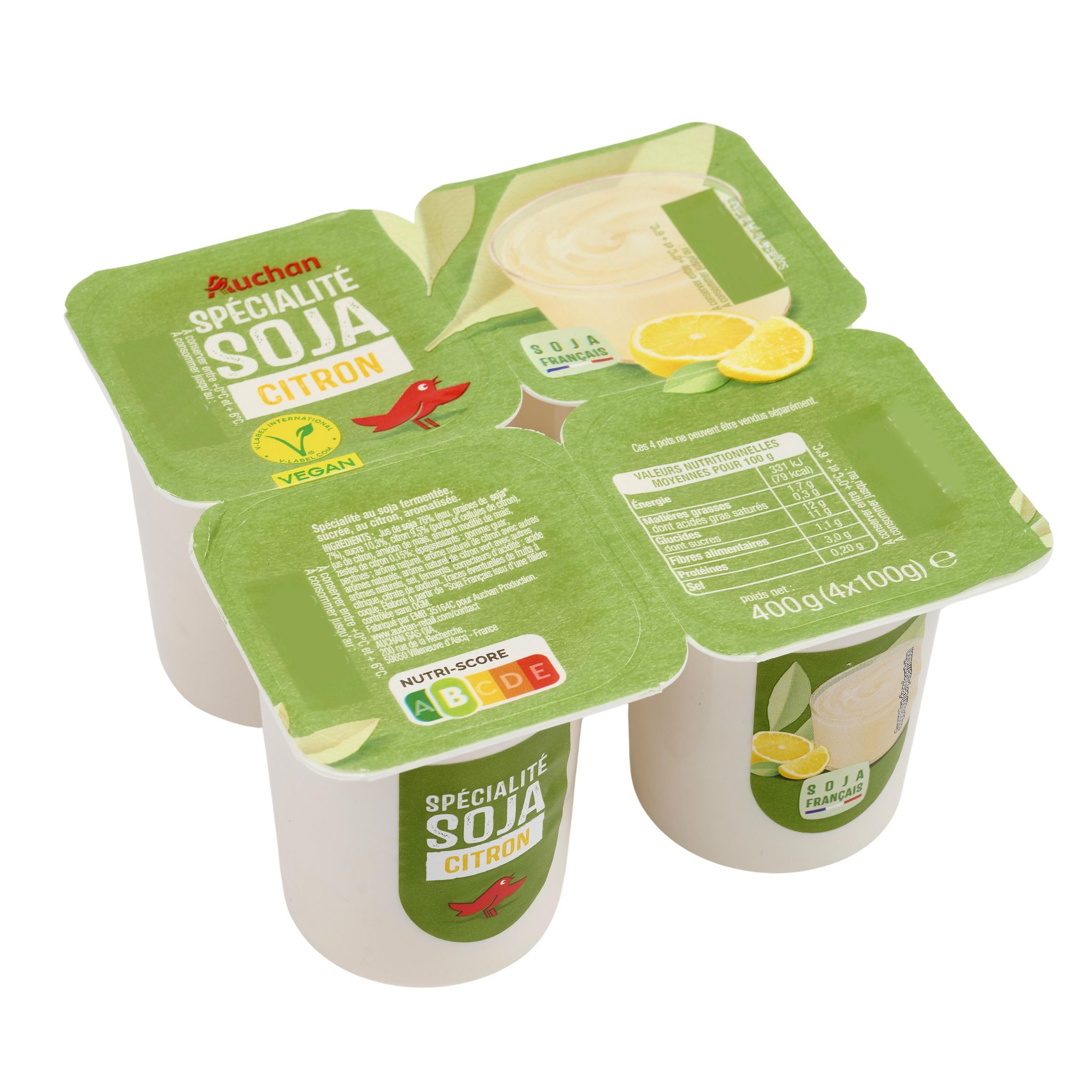Voir la diapositive 3 : AUCHAN Dessert au soja et citron 4x100g