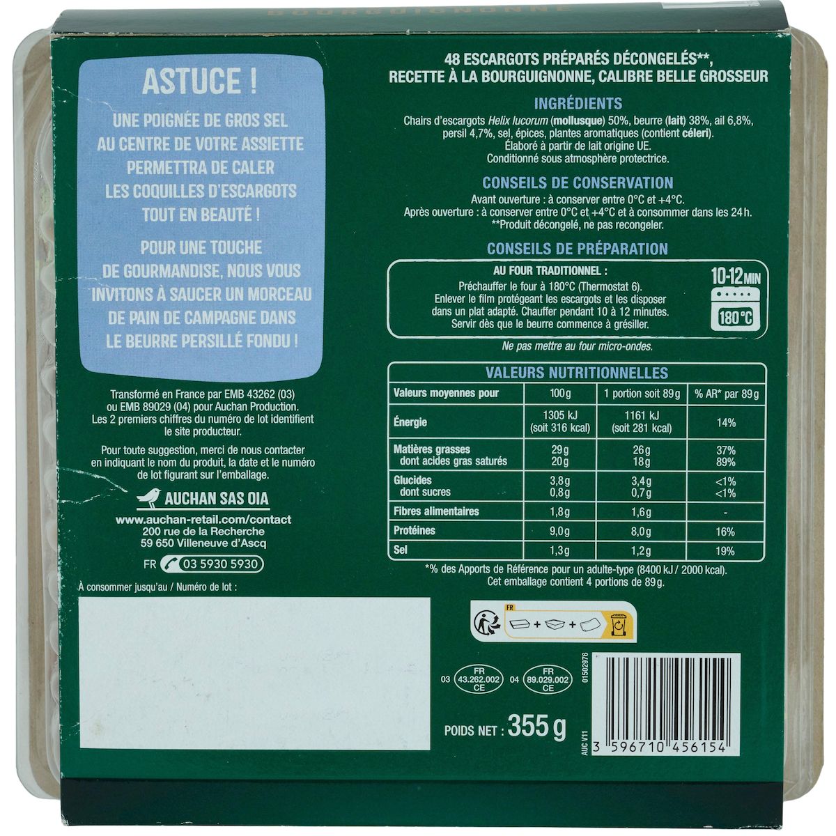AUCHAN Escargots préparés à la Bourguignonne 48 pièces 355g