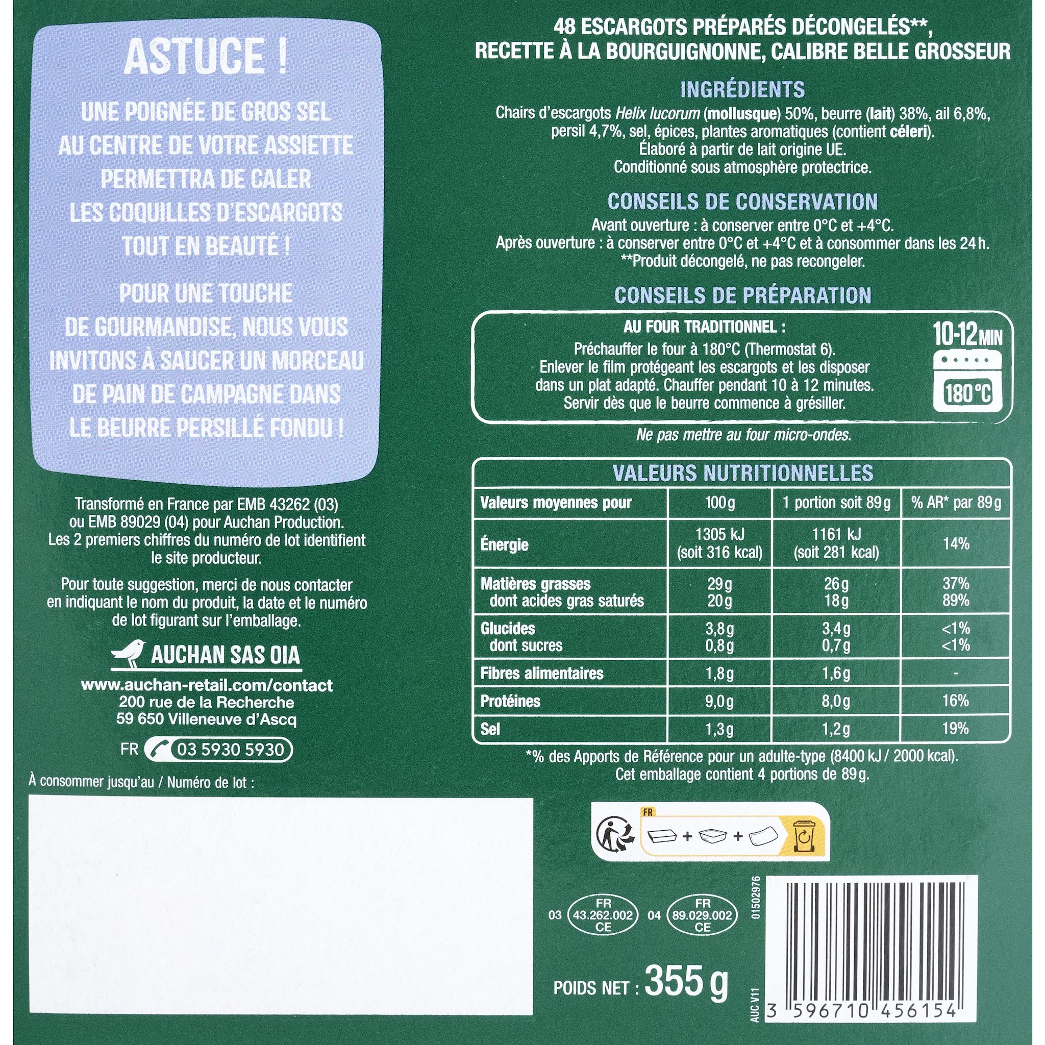 Voir la diapositive 2 : AUCHAN Escargots préparés à la Bourguignonne 48 pièces 355g