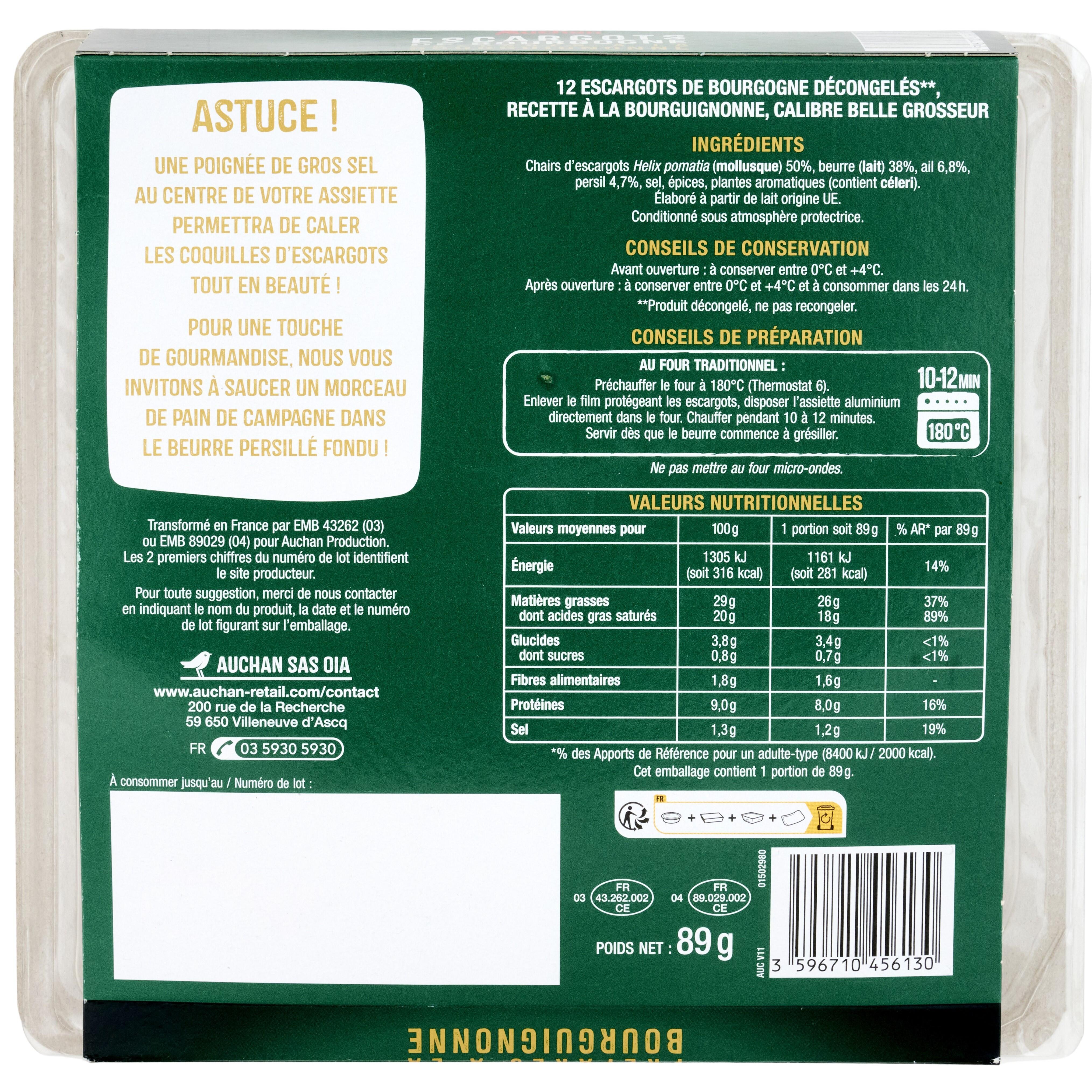 Voir la diapositive 2 : AUCHAN Escargots de Bourgogne préparés à la Bourguignonne 12 pièces 89g