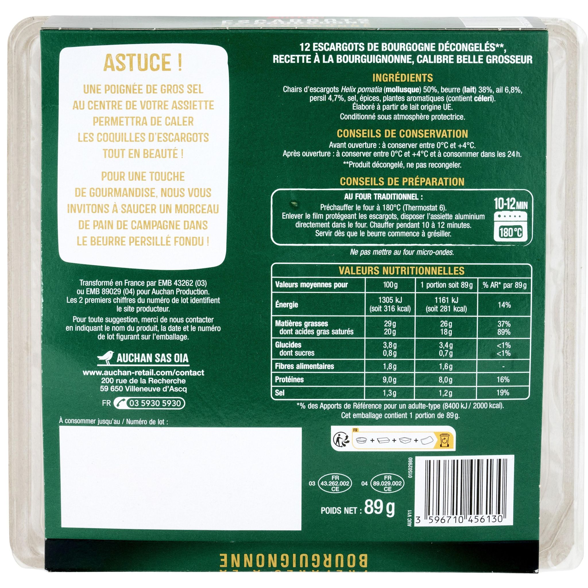 Voir la diapositive 2 : AUCHAN Escargots de Bourgogne préparés à la Bourguignonne 12 pièces 89g