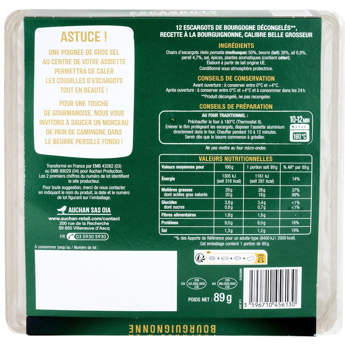 AUCHAN Escargots de Bourgogne préparés à la Bourguignonne 12 pièces 89g