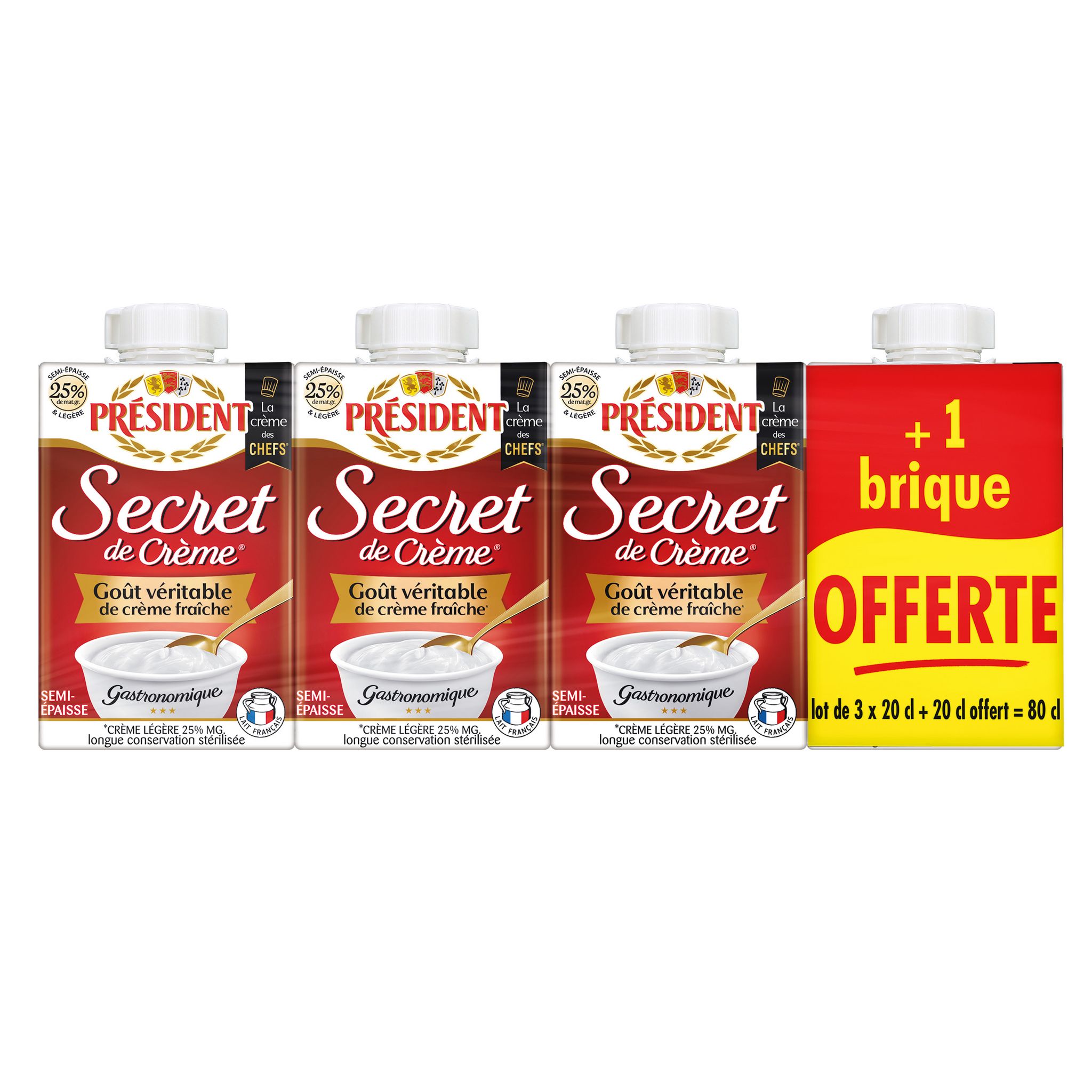 Voir la diapositive 2 : PRESIDENT Secret de crème fraiche légère 25% MG UHT 1x20cl offert 3x20cl