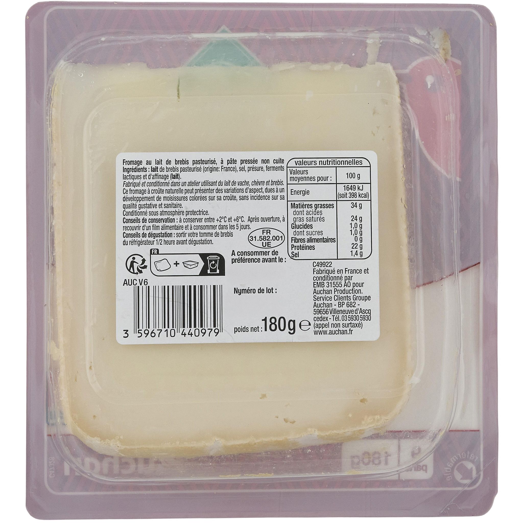 Voir la diapositive 4 : AUCHAN Tomme au lait de brebis pasteurisé 180 g
