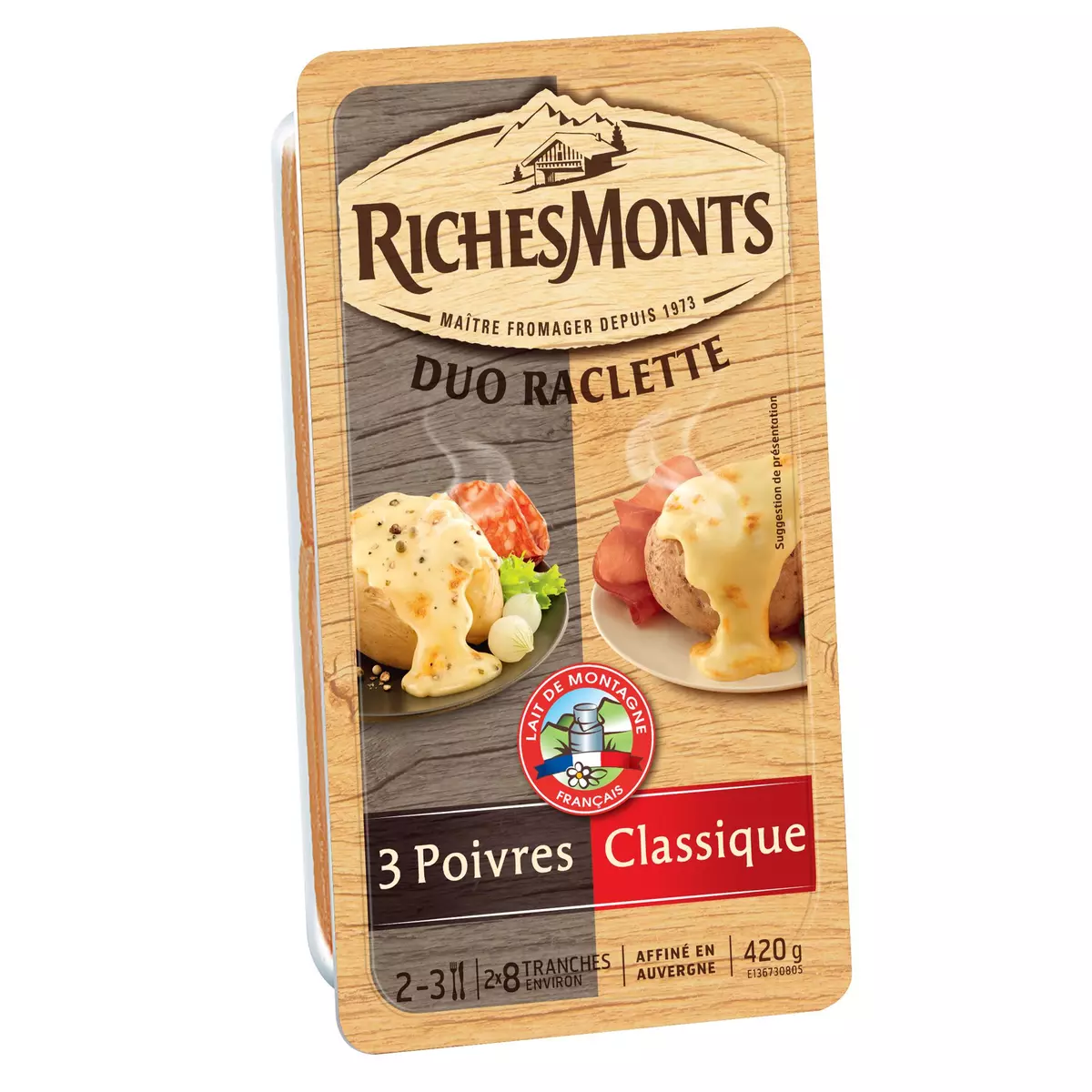 RICHESMONTS Fromage à raclette nature et 3 poivres 2x8 tranches 420g