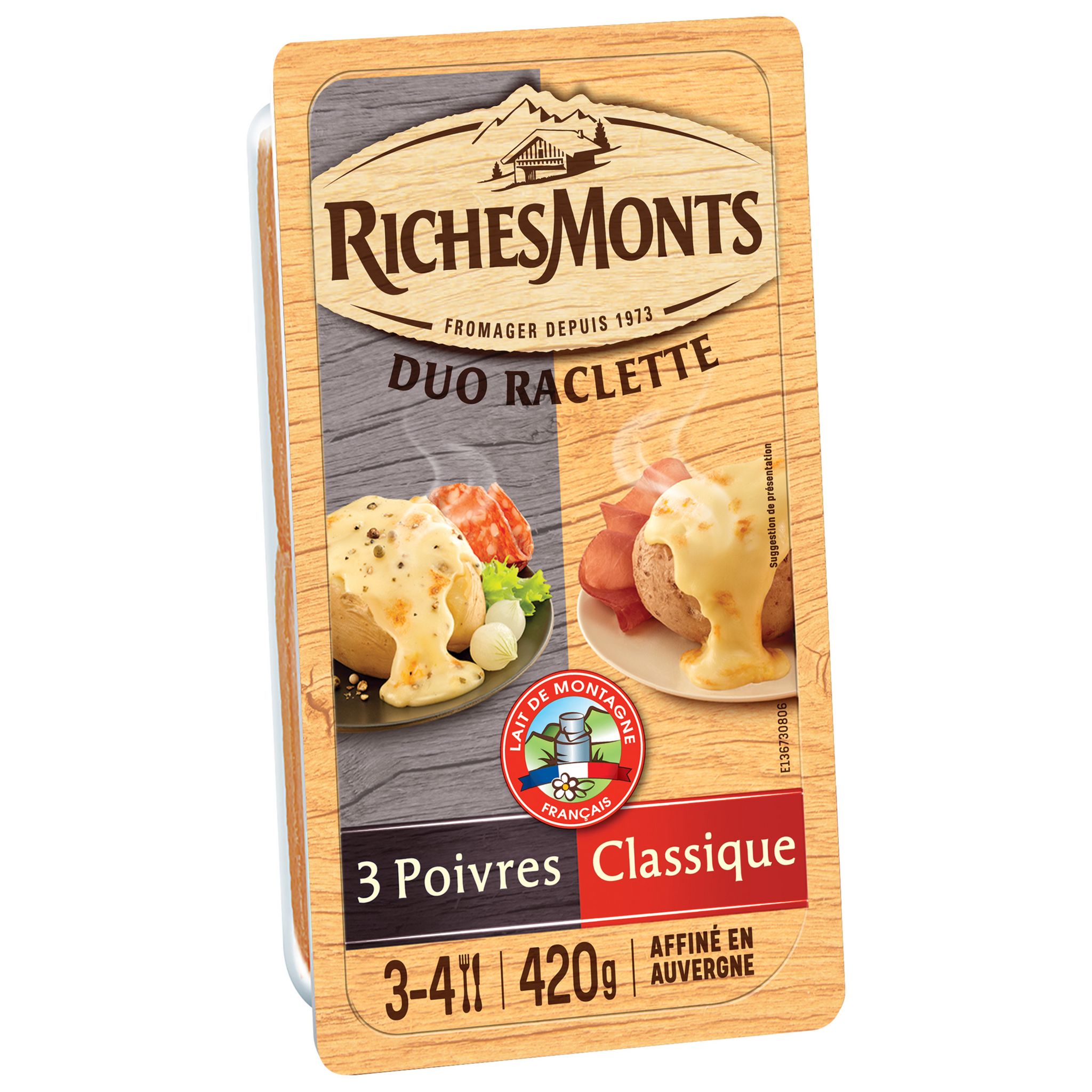 RICHESMONTS Fromage à raclette nature et 3 poivres 2x8 tranches 420g ...