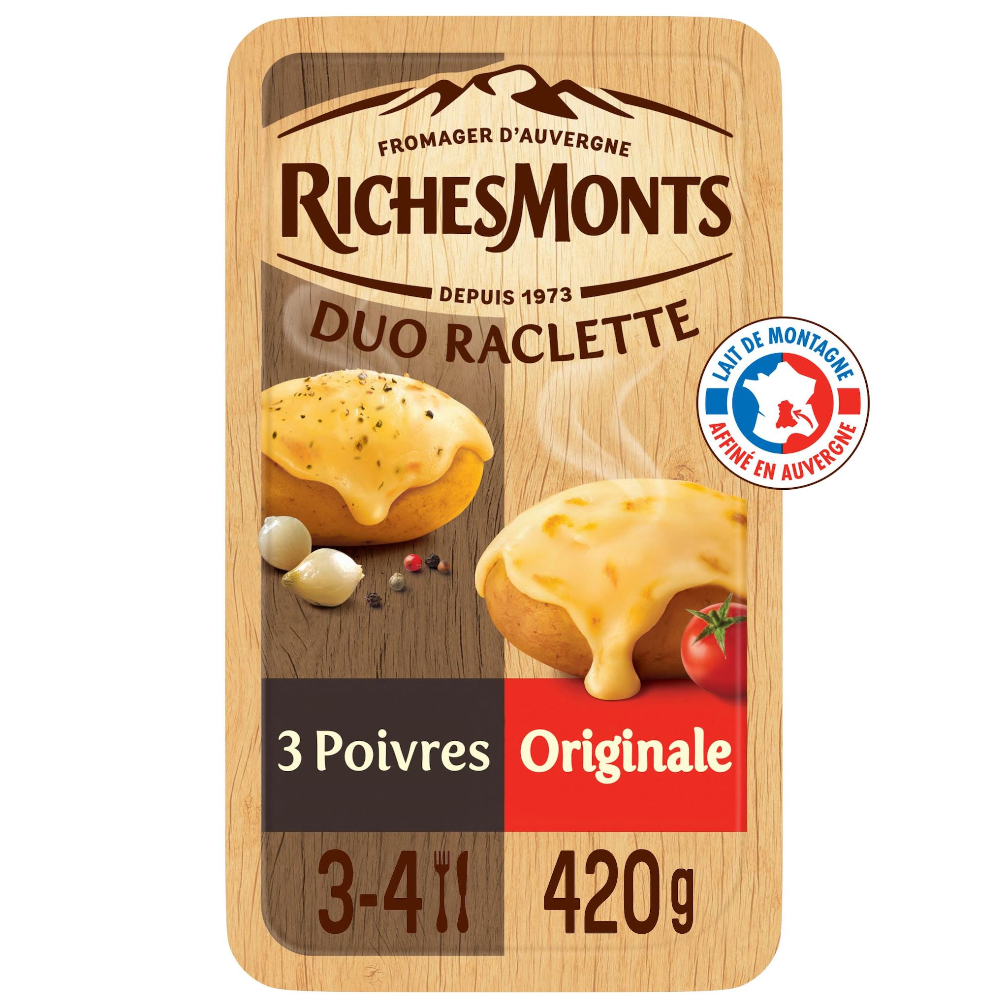 Voir la diapositive 2 : RICHESMONTS Fromage à raclette nature et 3 poivres 2x8 tranches 420g