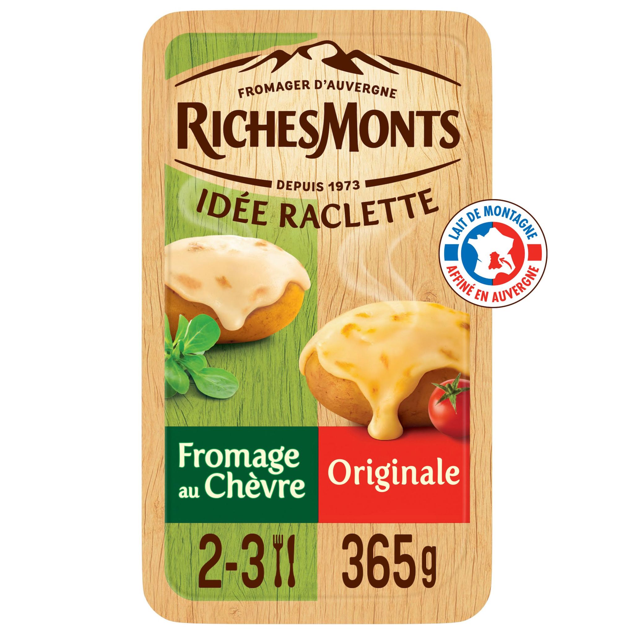 Voir la diapositive 2 : RICHESMONTS Duo de fromages à raclette nature et chèvre 365g