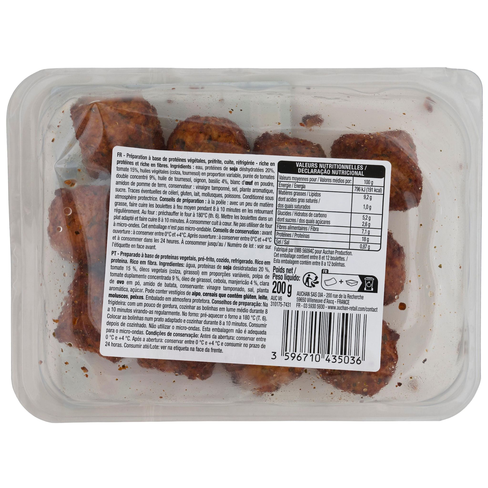 Voir la diapositive 2 : AUCHAN VERY VEGGIE Boulettes végétales au soja tomate et basilic 2 parts 200g