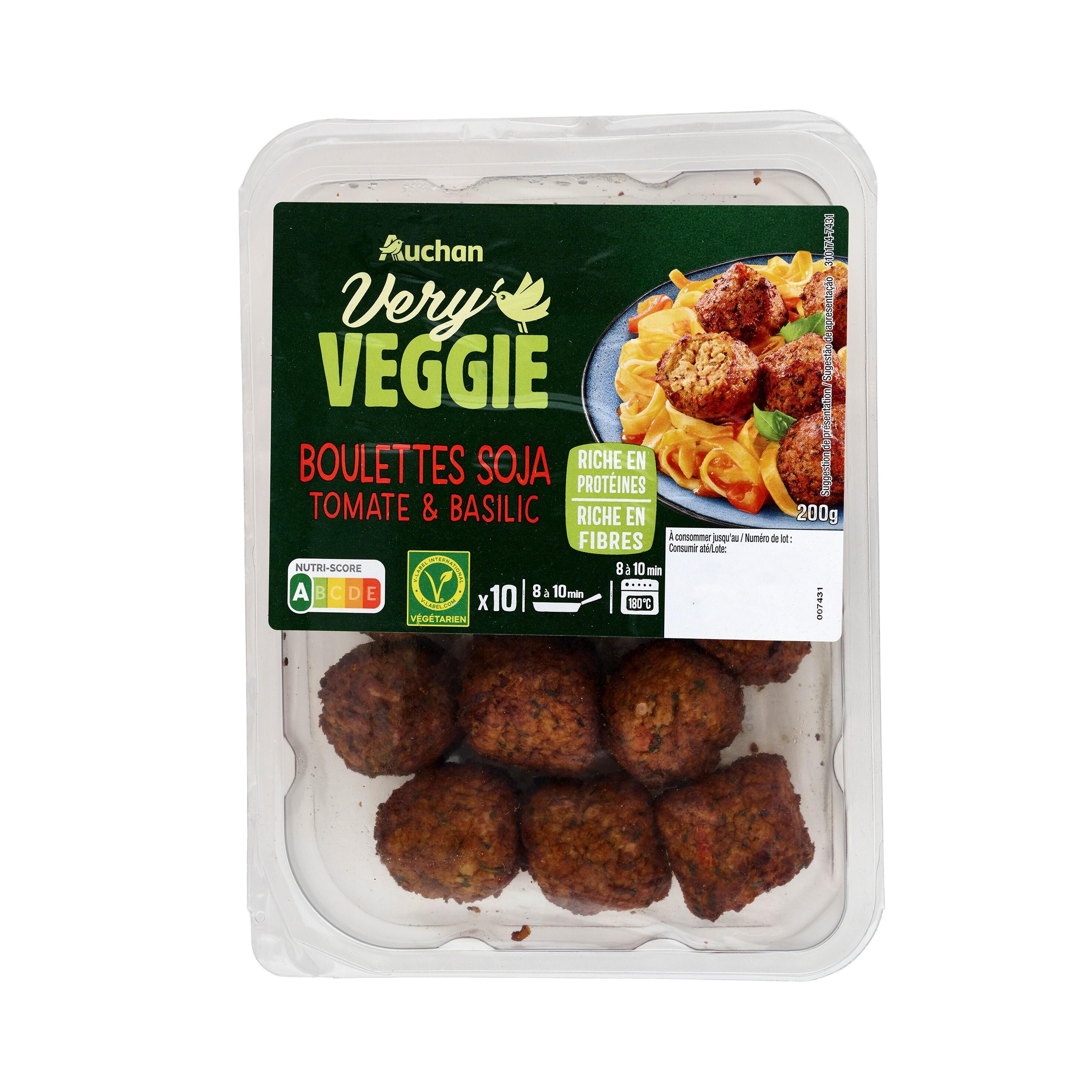 Voir la diapositive 3 : AUCHAN VERY VEGGIE Boulettes végétales au soja tomate et basilic 2 parts 200g