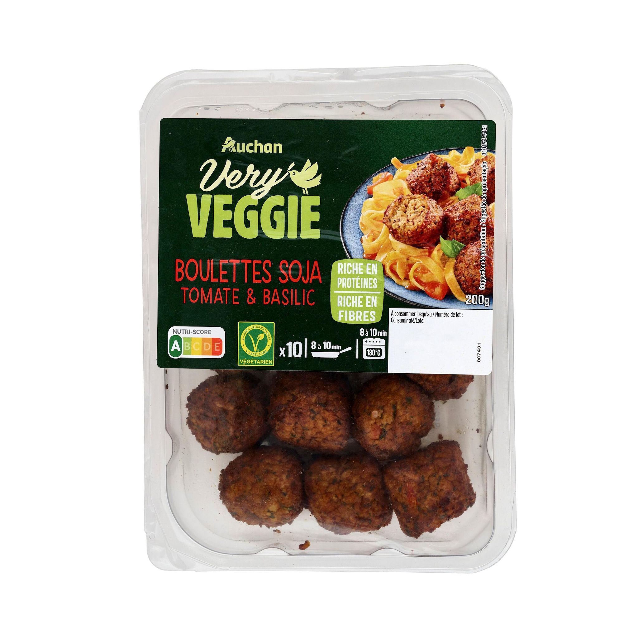 Voir la diapositive 3 : AUCHAN VERY VEGGIE Boulettes végétales au soja tomate et basilic 2 parts 200g