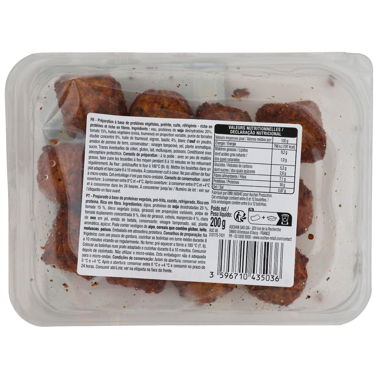 AUCHAN VERY VEGGIE Boulettes végétales au soja tomate et basilic 2 parts 200g