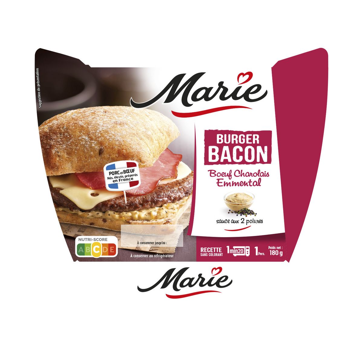 MARIE Burger bacon boeuf charolais emmental sauce aux 2 poivres 180g