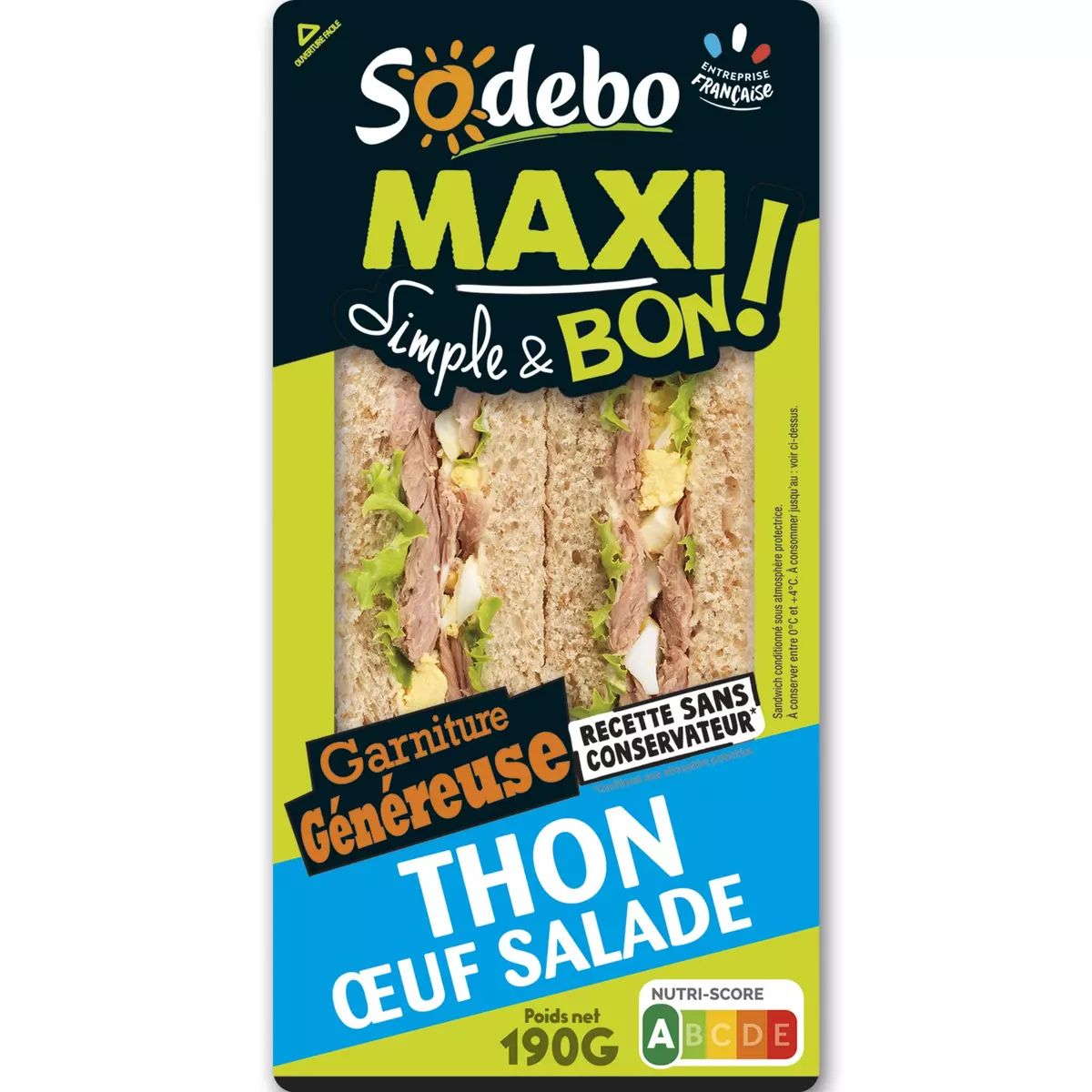 SODEBO Sandwich club maxi simple & bon thon œuf salade 2 pièces 190g
