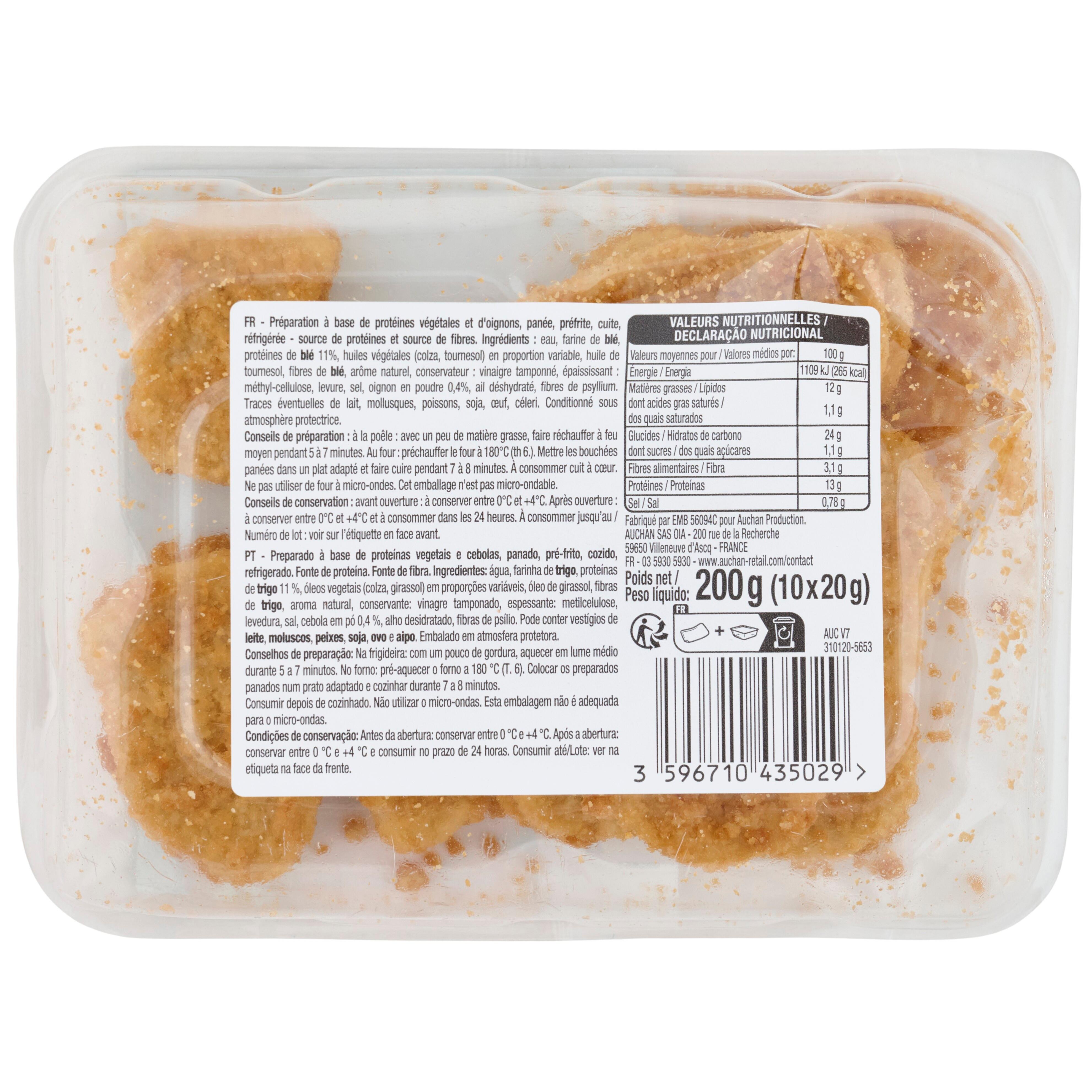 Voir la diapositive 2 : AUCHAN VERY VEGGIE Veggie bouchées blé et oignons 2 parts 200g